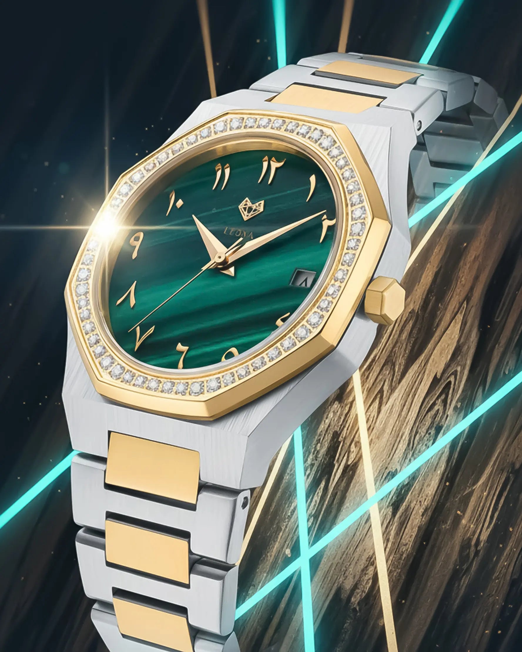 Luxury watch with green face and gold and silver band on a reflective surface