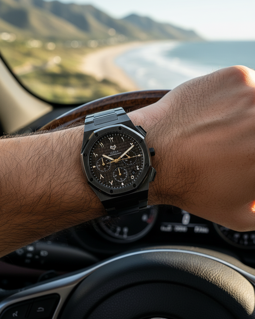 رويال كرونوجراف بلاك إيديشين فضي – فولاذ 316L بالكامل / حركة يابانية من سيكو / مضادة للماء 50 متر / كريستال ياقوتي مضاد للخدش والكسر - المجموعة الحصرية