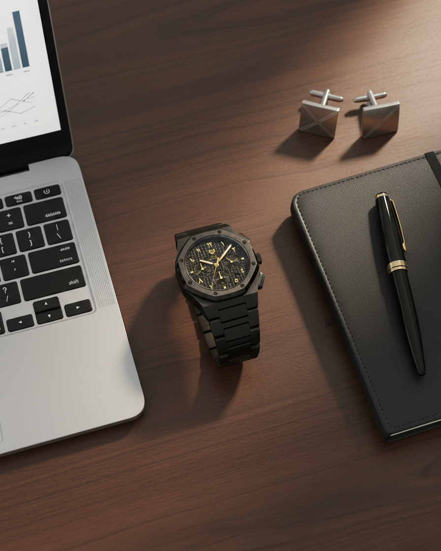 رويال كرونوجراف بلاك إيديشين ذهبي – فولاذ 316L بالكامل / حركة يابانية من سيكو / مضادة للماء 50 متر / كريستال ياقوتي مضاد للخدش والكسر - المجموعة الحصرية