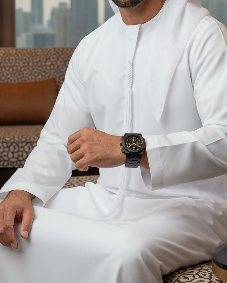 رويال كرونوجراف بلاك إيديشين ذهبي – فولاذ 316L بالكامل / حركة يابانية من سيكو / مضادة للماء 50 متر / كريستال ياقوتي مضاد للخدش والكسر - المجموعة الحصرية