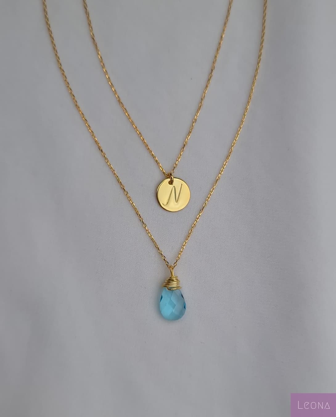 925 Silver Personalized Custom Letter Necklace with Blue Stone - Leona Jewelry