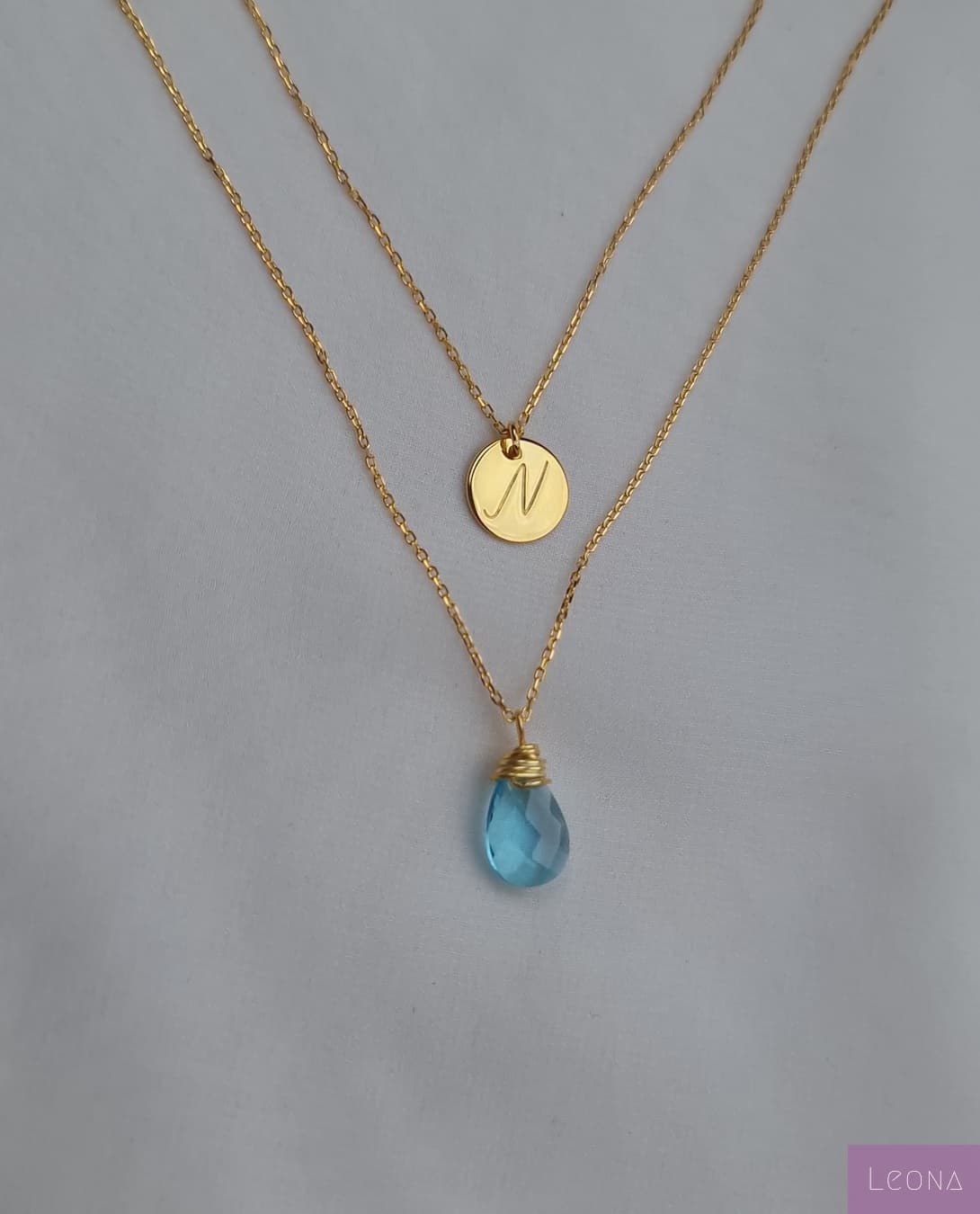 925 Silver Personalized Custom Letter Necklace with Blue Stone - Leona Jewelry