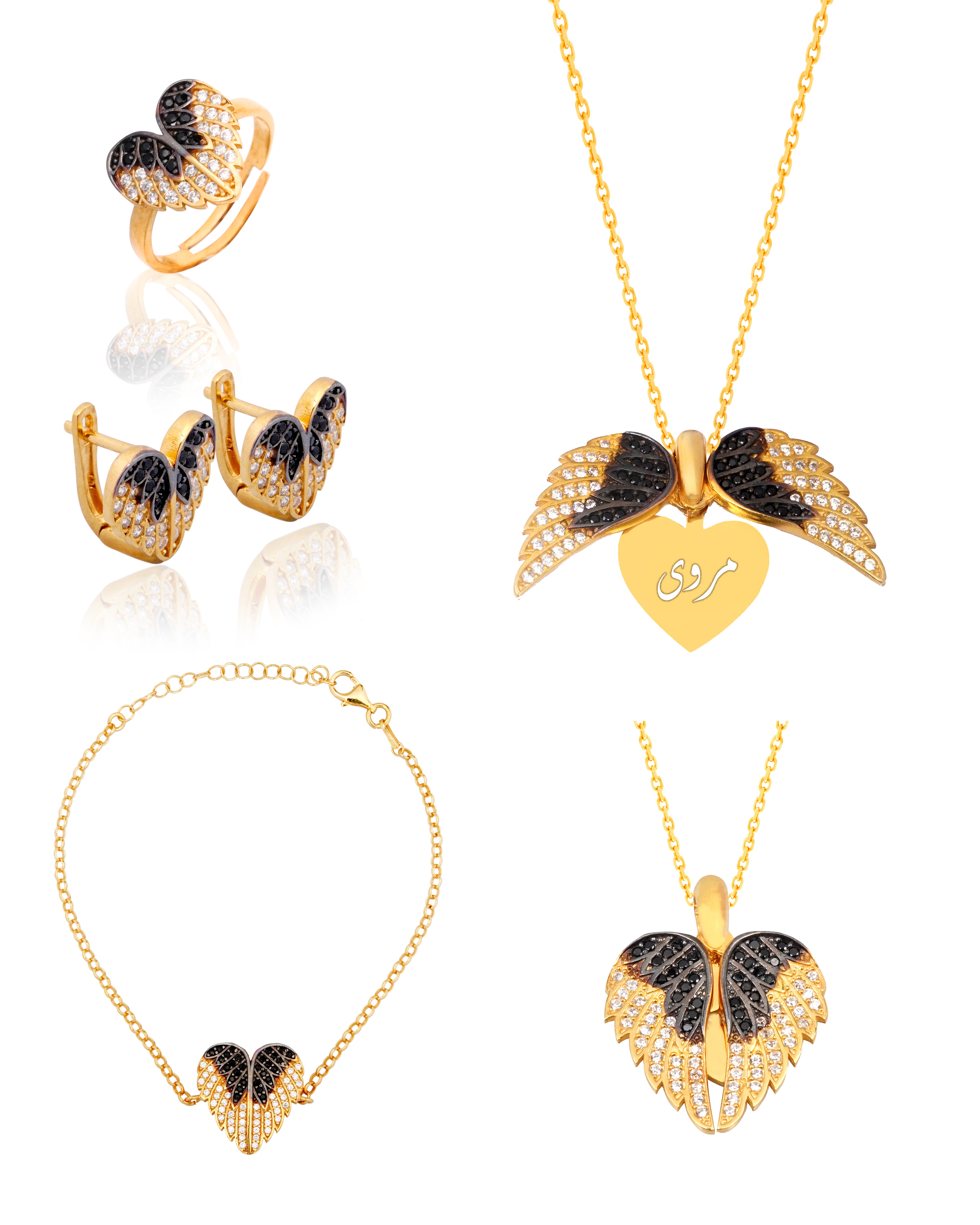 925 Silver Personalized Custom Love Angel Wings Name Jewelry Set - Leona Jewelry