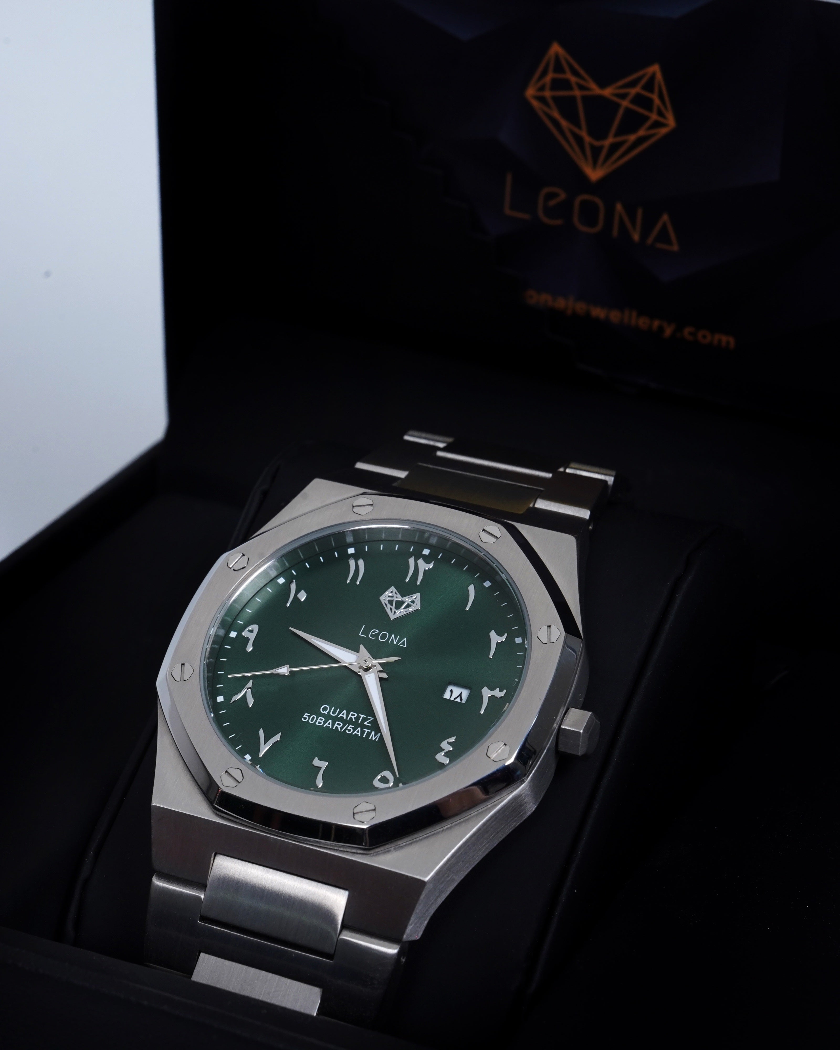 Royal Men's Watch Green – 40mm Arabic Dial, Full Steel, Japanese Quartz ,Waterproof, Ultra Thin - Leona Jewelry