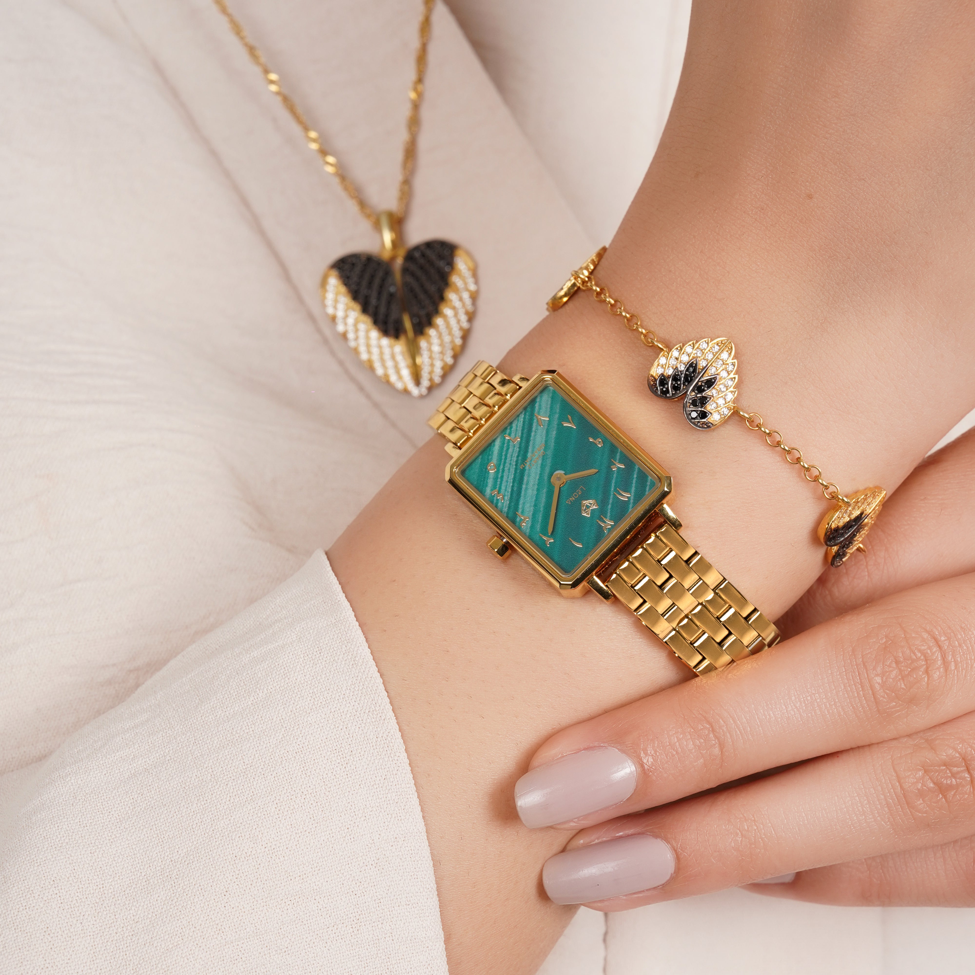 Elegance Watch Green Malachite Gold Plated - Leona Jewelry