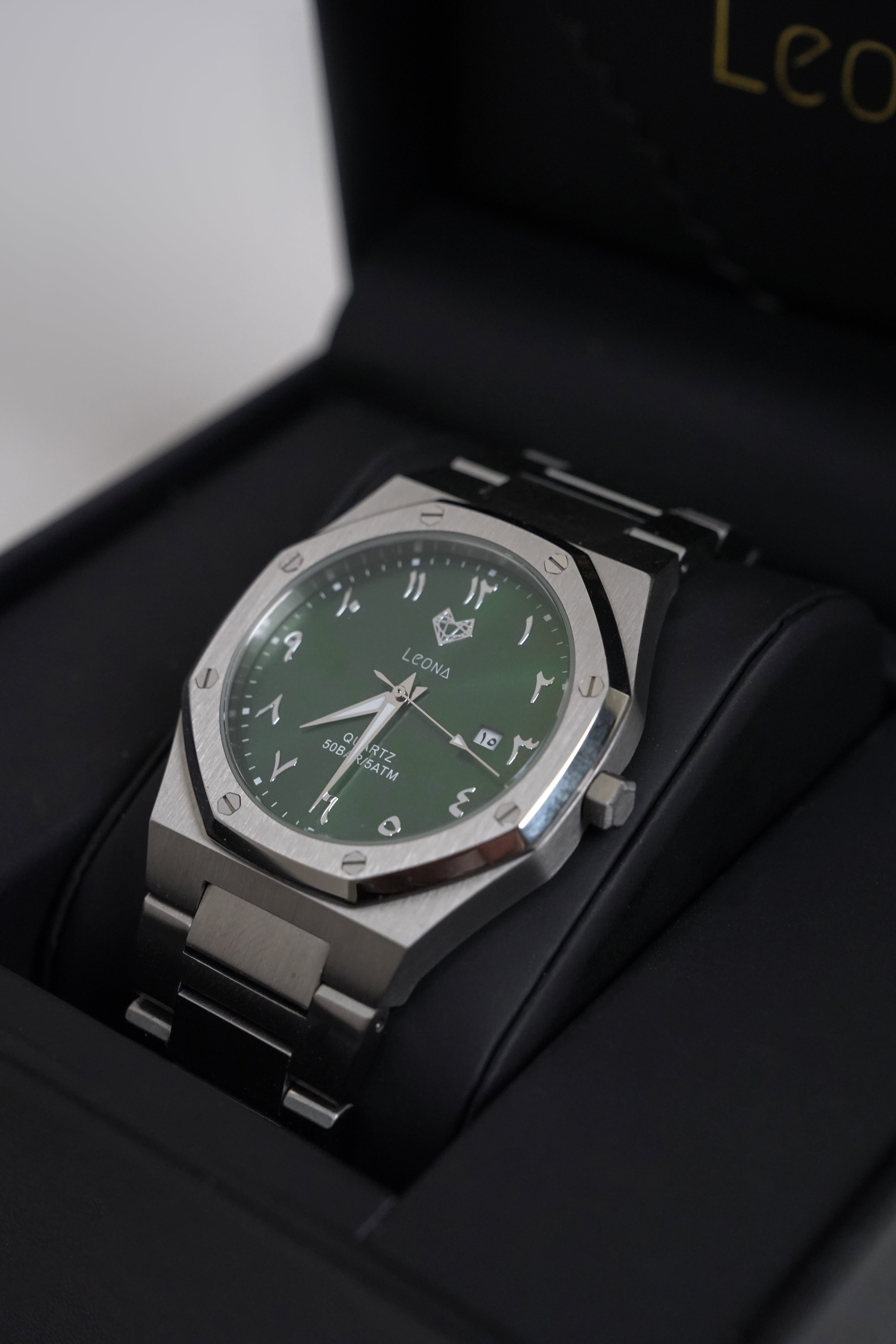 Royal Men's Watch Green – 40mm Arabic Dial, Full Steel, Japanese Quartz ,Waterproof, Ultra Thin - Leona Jewelry