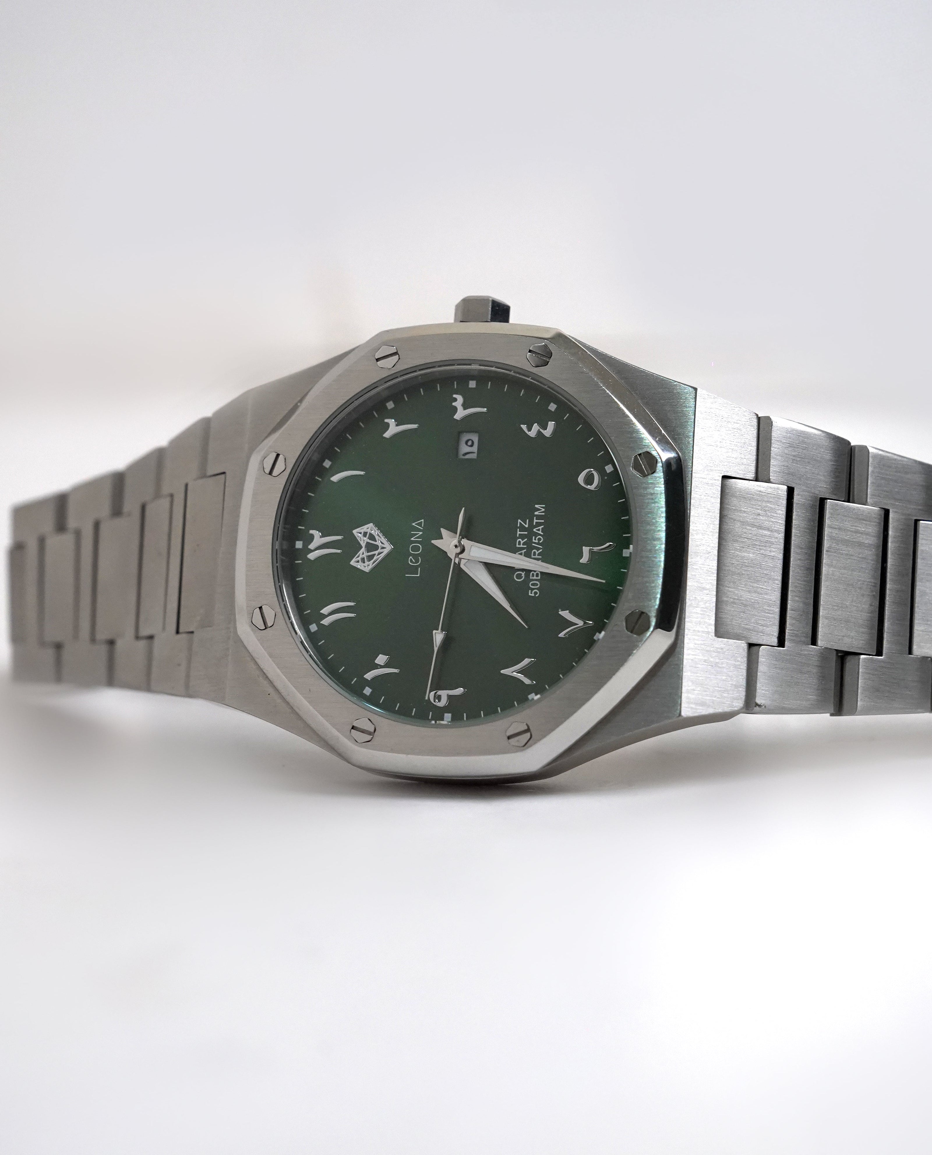 Royal Men's Watch Green – 40mm Arabic Dial, Full Steel, Japanese Quartz ,Waterproof, Ultra Thin - Leona Jewelry