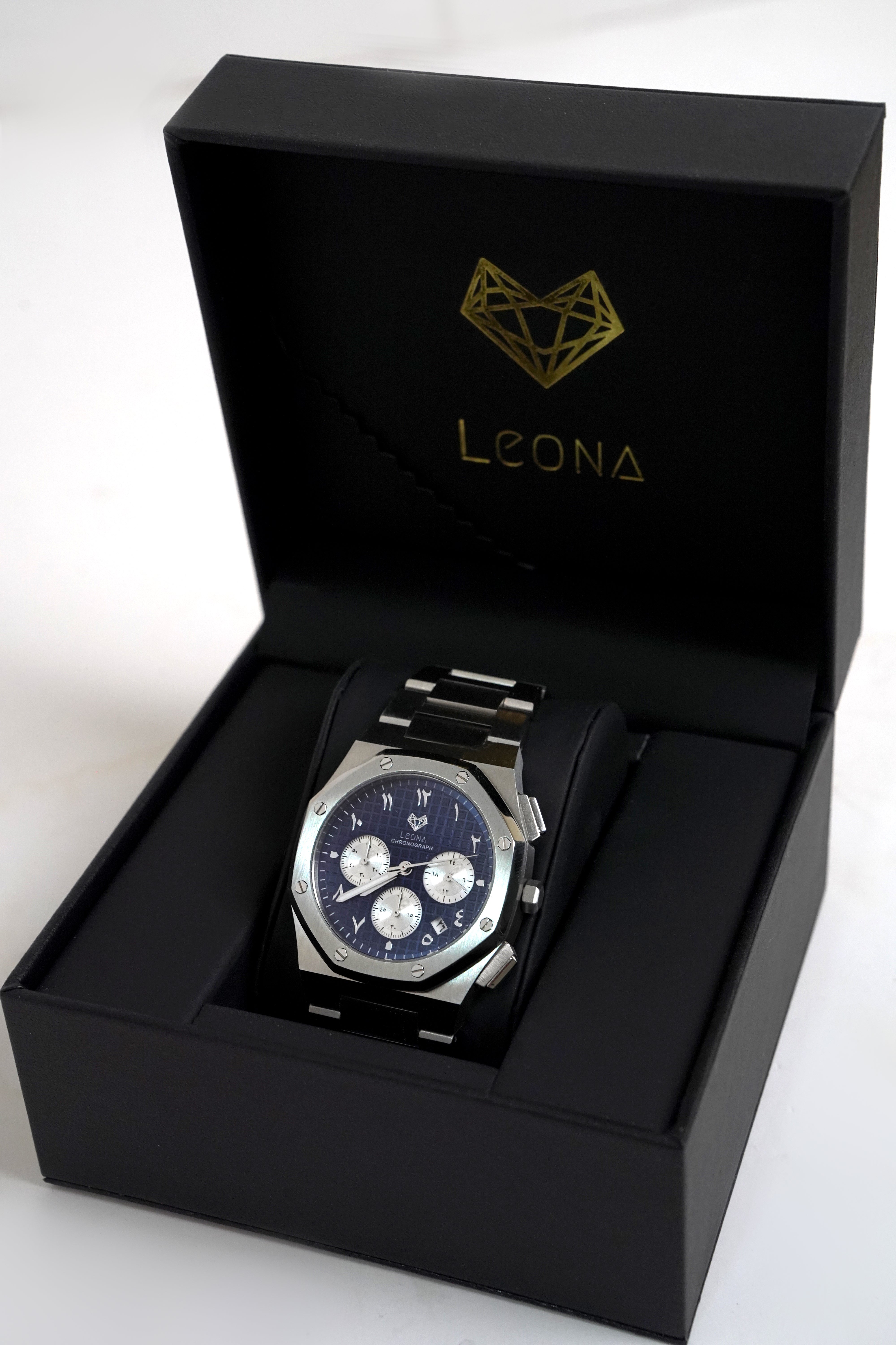 Royal Chronograph Men's Watch Blue – 40mm Arabic Dial, Full Steel, Japanese Quartz ,Waterproof - Leona Jewelry