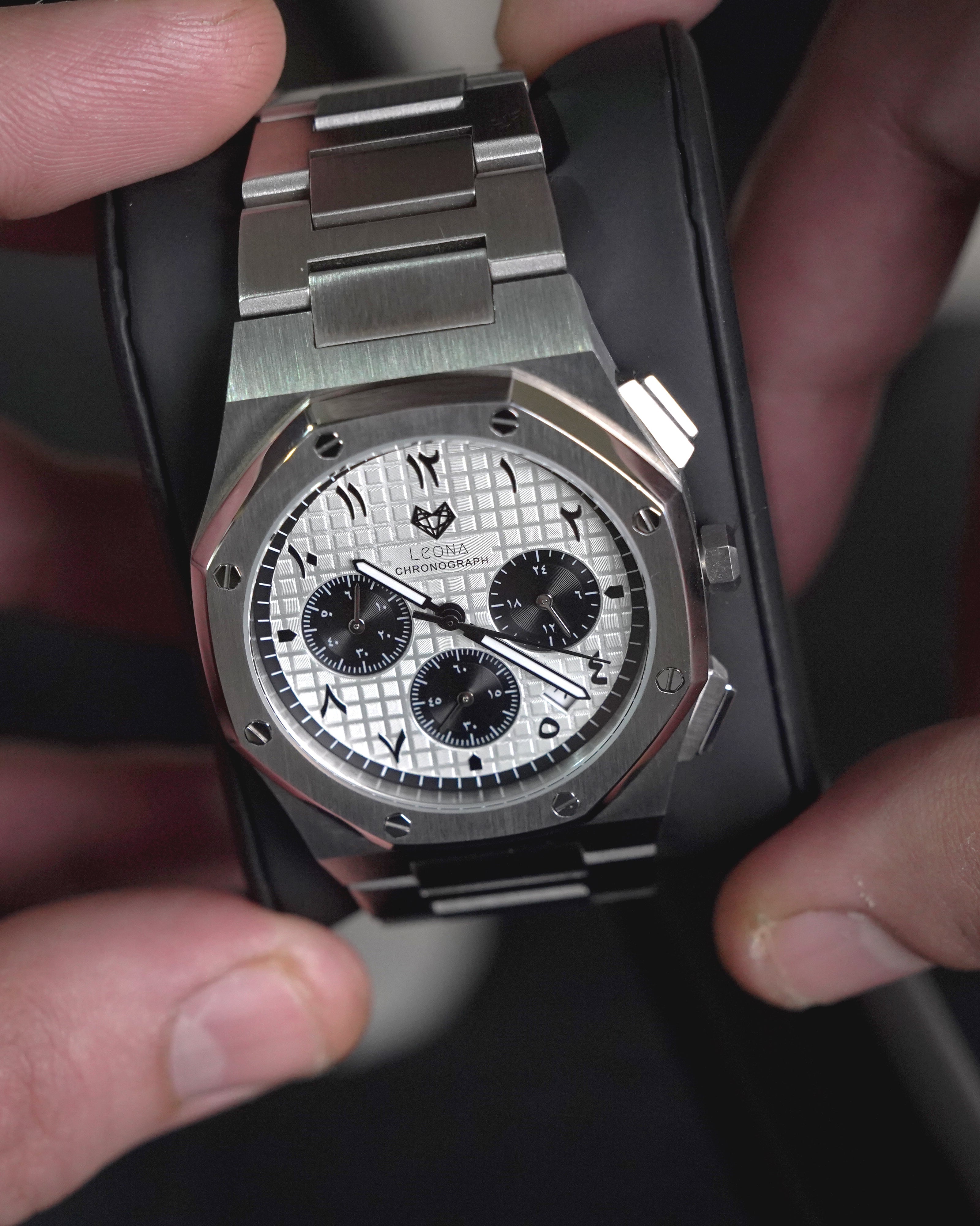 Royal Chronograph Men's Watch White (Panda) – 40mm Arabic Dial, Full Steel, Japanese Quartz ,Waterproof - Leona Jewelry