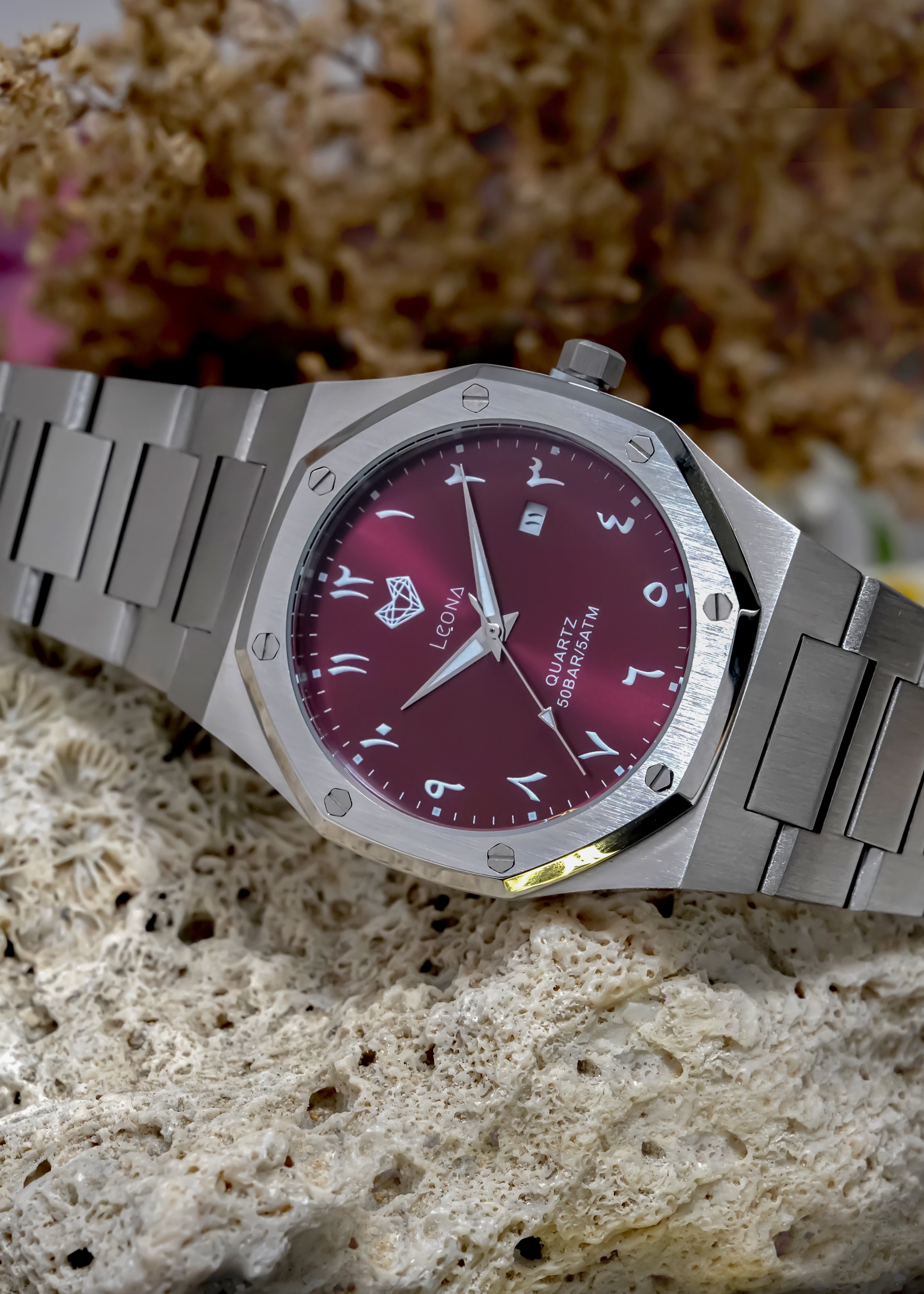 Royal Men's Watch Red – 40mm Arabic Dial, Full Steel, Japanese Quartz ,Waterproof, Ultra Thin - Leona Jewelry