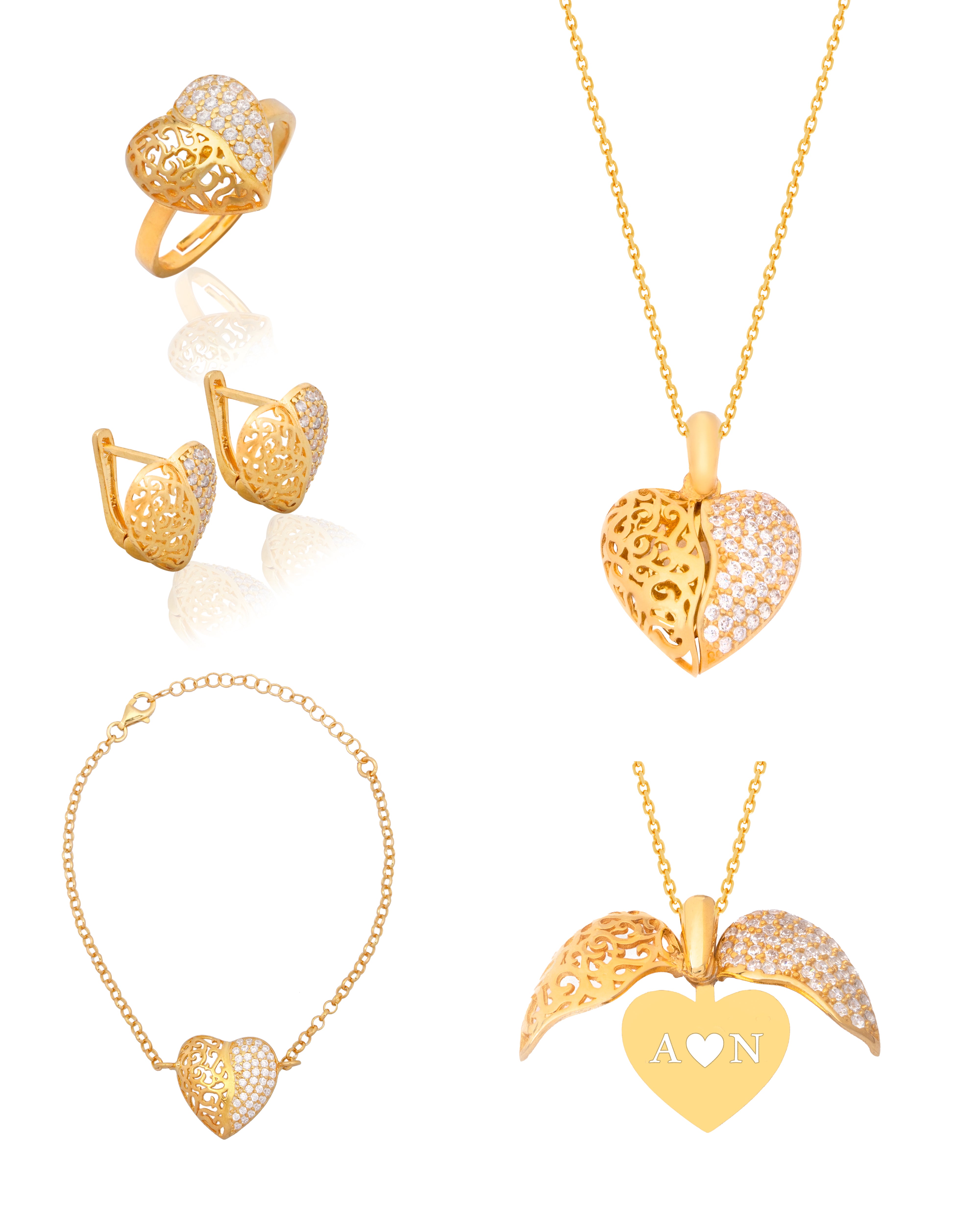 925 Silver Personalized Custom Golden Heart Jewelry Set - Leona Jewelry