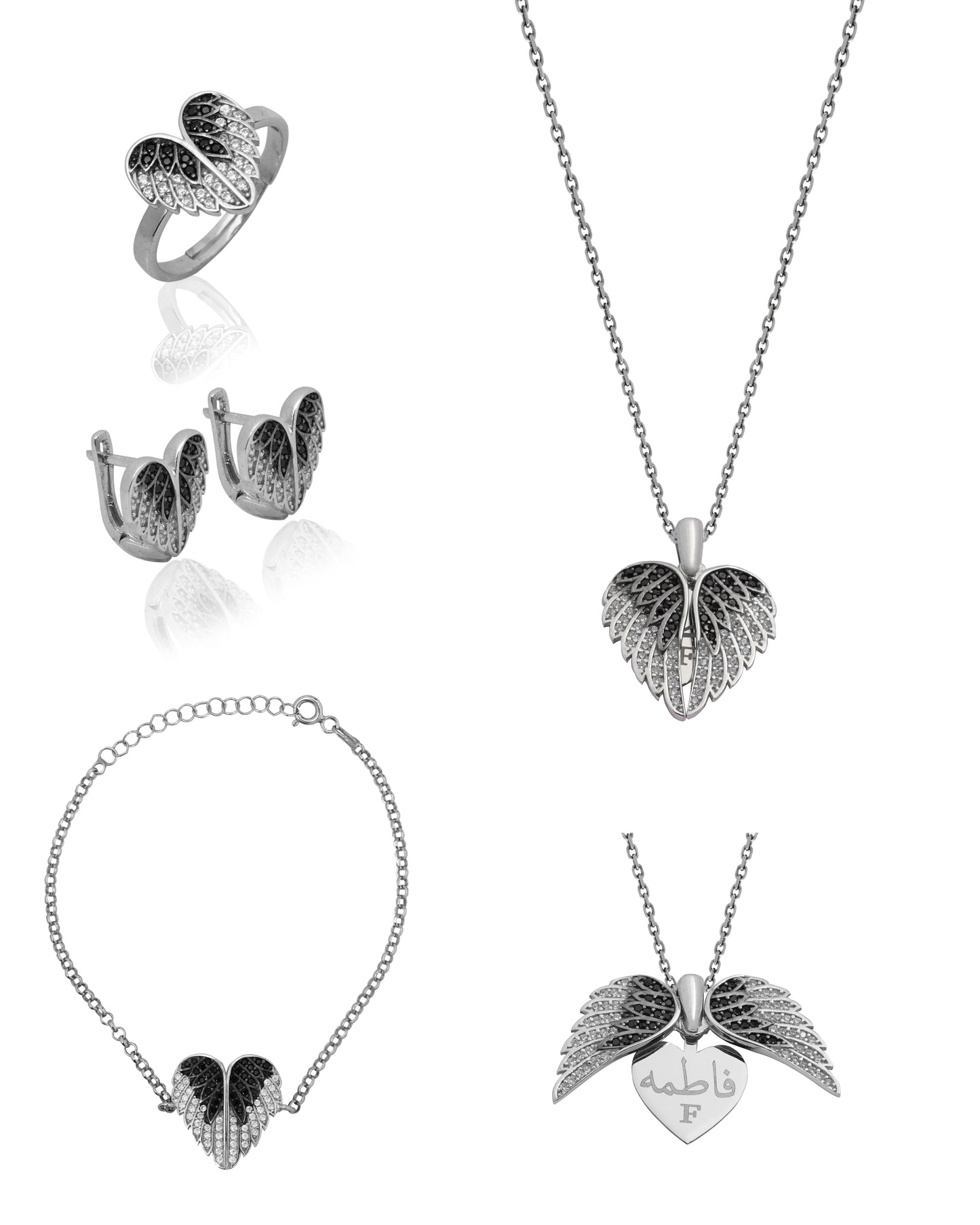 925 Silver Personalized Custom Love Angel Wings Jewelry Set (Silver)