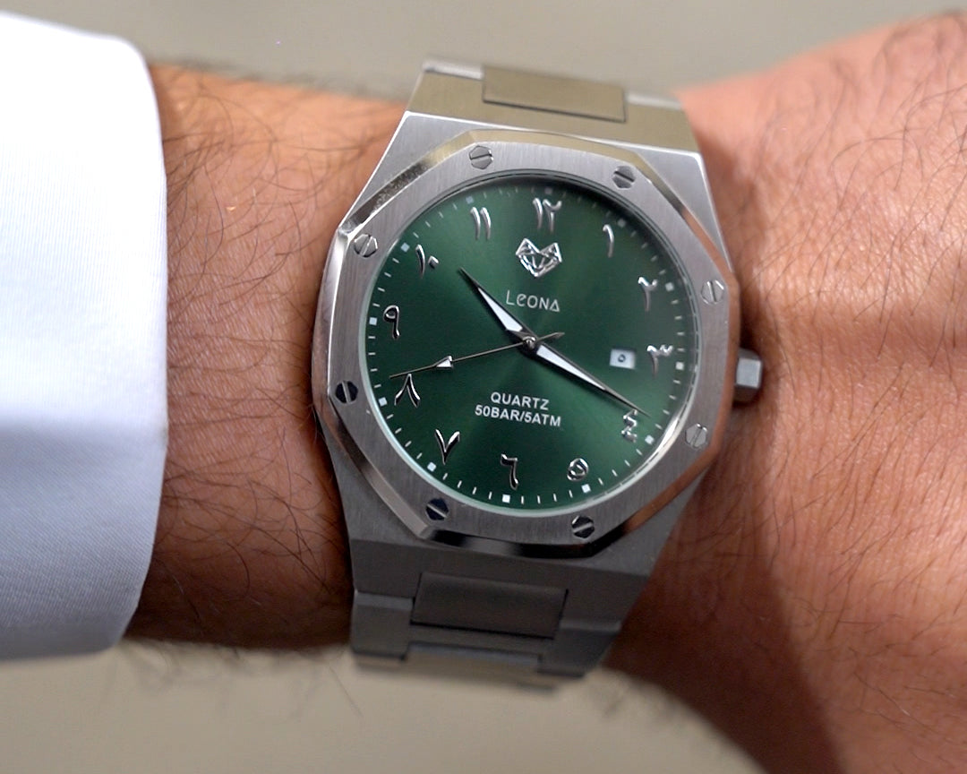 Royal Men's Watch Green – 40mm Arabic Dial, Full Steel, Japanese Quartz ,Waterproof, Ultra Thin - Leona Jewelry