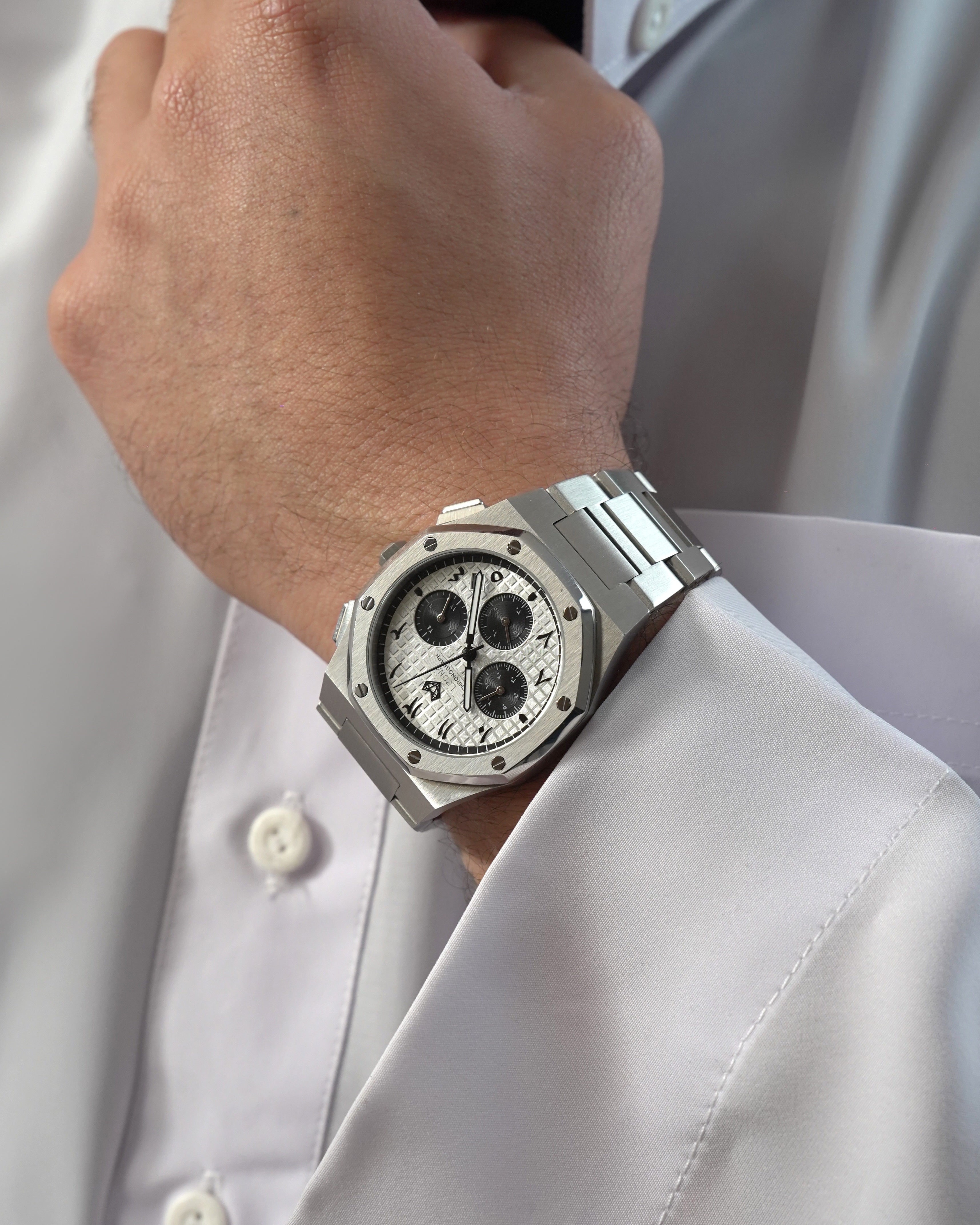 Royal Chronograph Men's Watch White (Panda) – 40mm Arabic Dial, Full Steel, Japanese Quartz ,Waterproof - Leona Jewelry