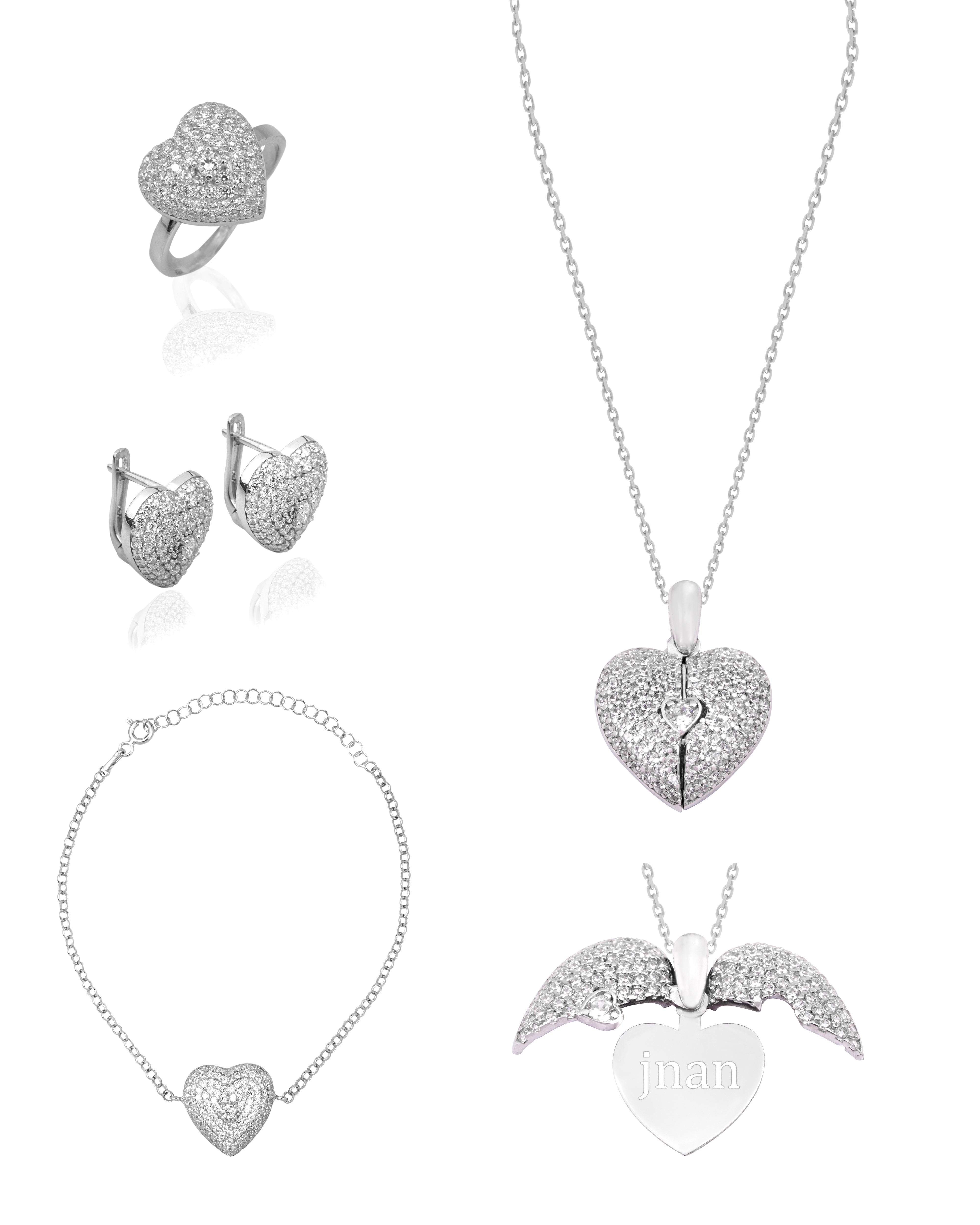 925 Silver Personalized Custom Love Heart Jewelry Set (Silver) - Leona Jewelry