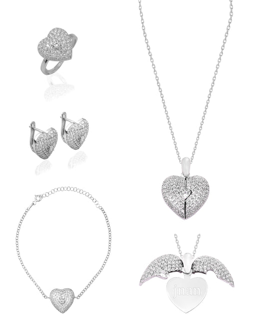 925 Silver Personalized Custom Love Heart Jewelry Set (Silver)