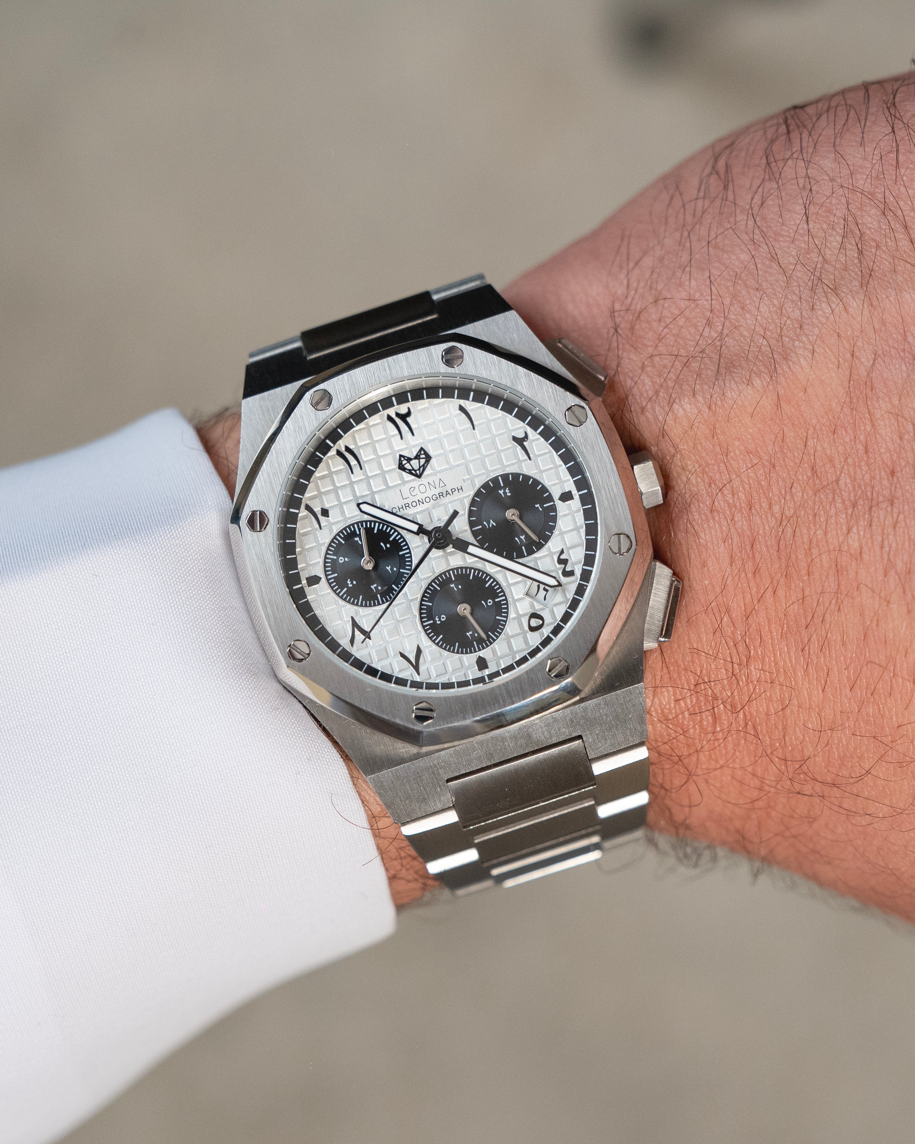 Royal Chronograph Men's Watch White (Panda) – 40mm Arabic Dial, Full Steel, Japanese Quartz ,Waterproof - Leona Jewelry