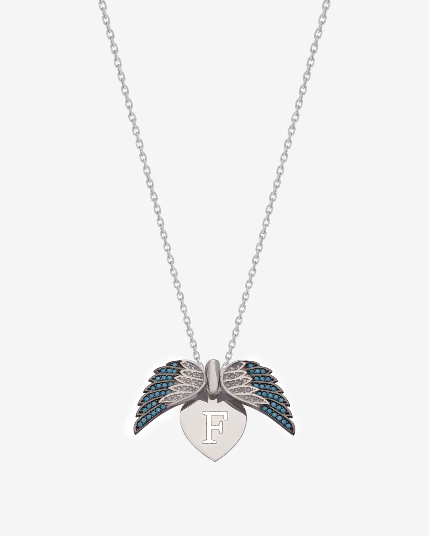 925 Silver Personalized Custom Angel Wings Name Necklace (Blue Stones)