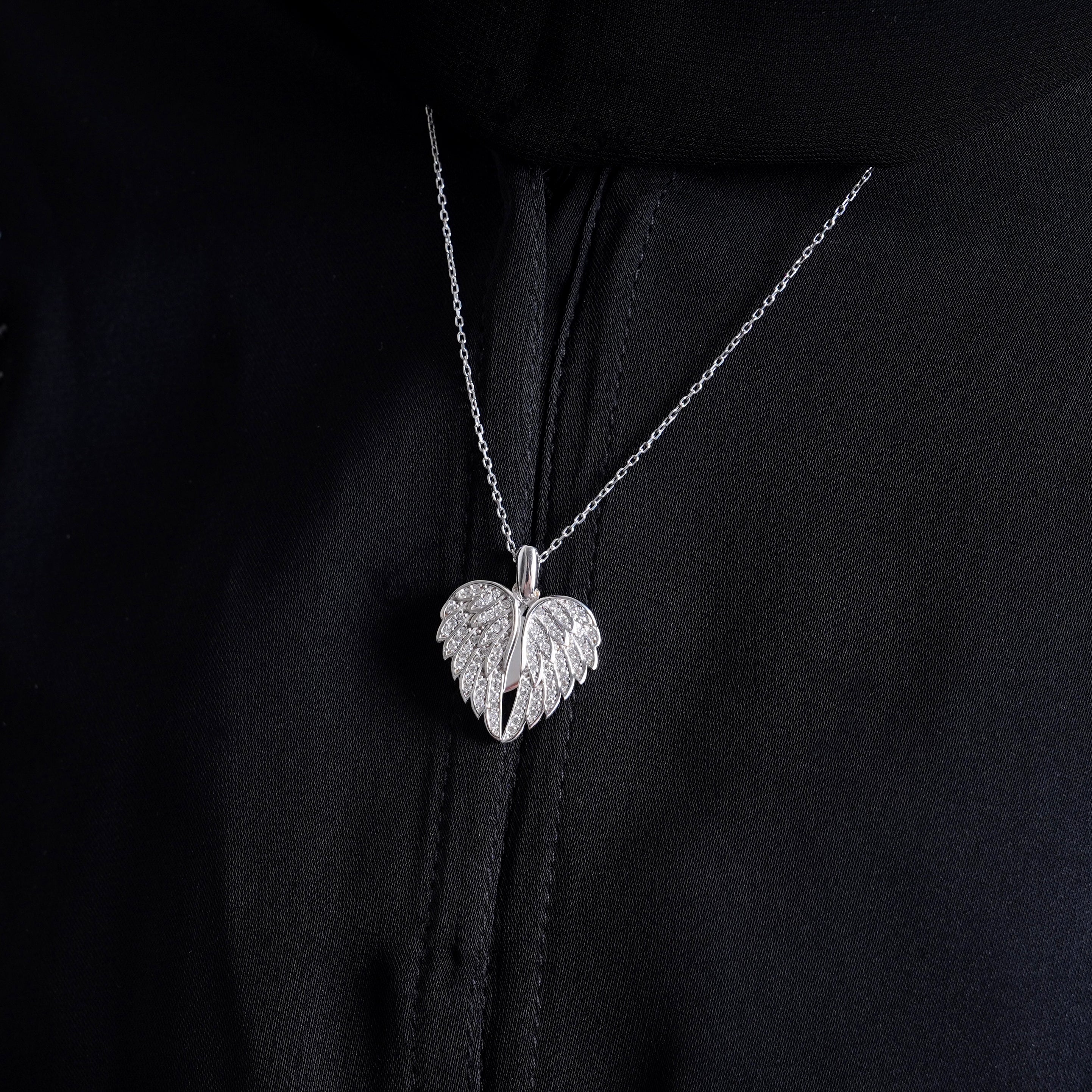 925 Silver Personalized Custom Angel Wings Name Necklace (White Stones) - Leona Jewelry