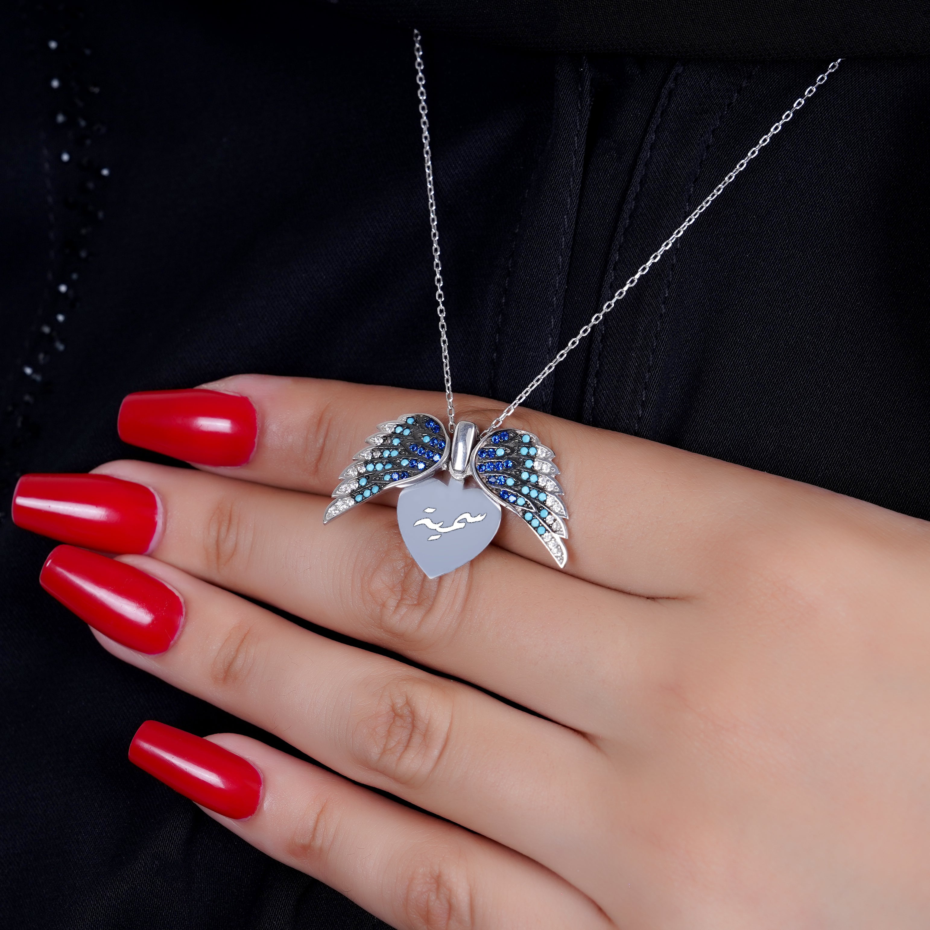 925 Silver Personalized Custom Angel Wings Name Necklace (Multicolor Stones) - Leona Jewelry