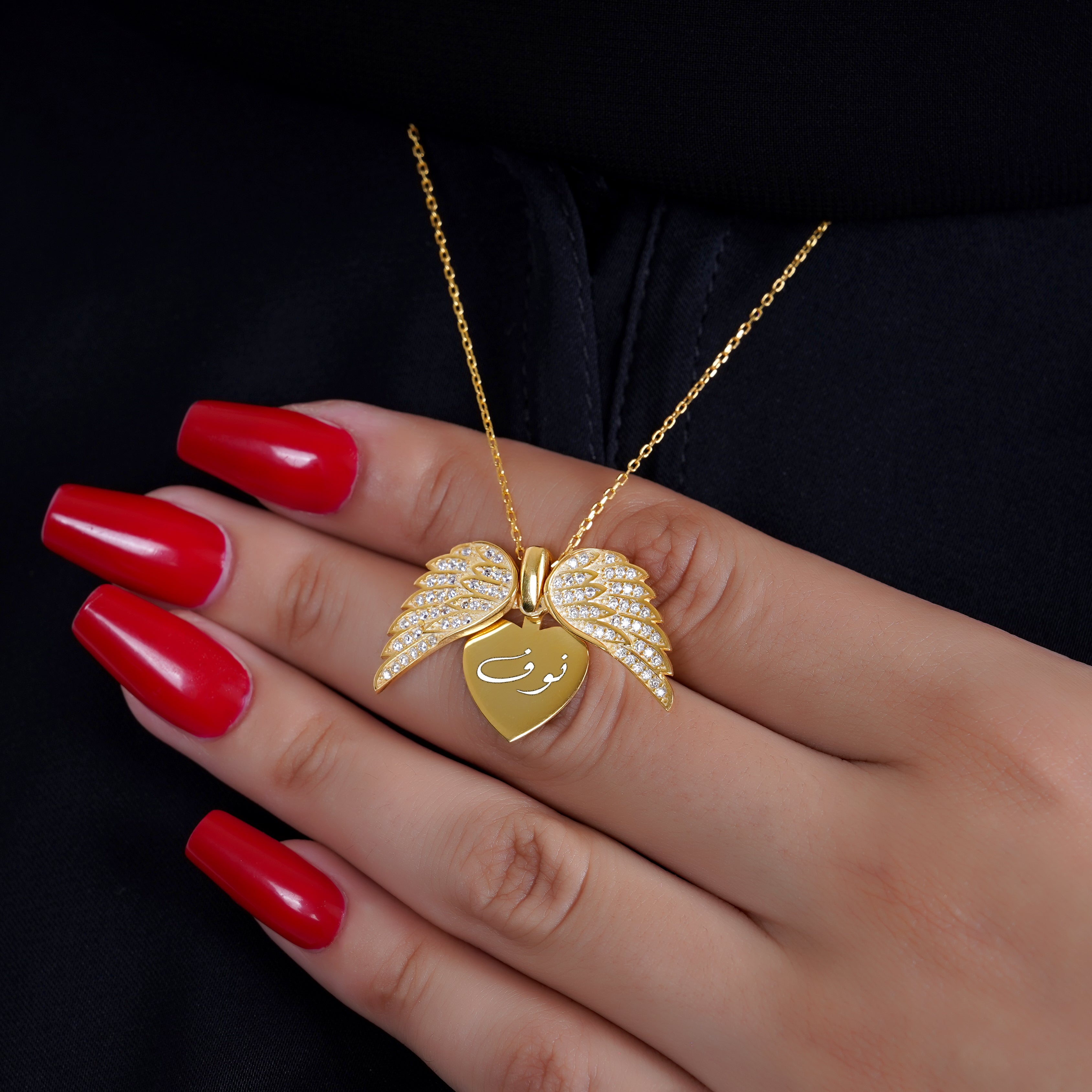 18K Pure Gold Personalized Custom Angel Wings Name Necklace (White Stones) - Leona Jewelry