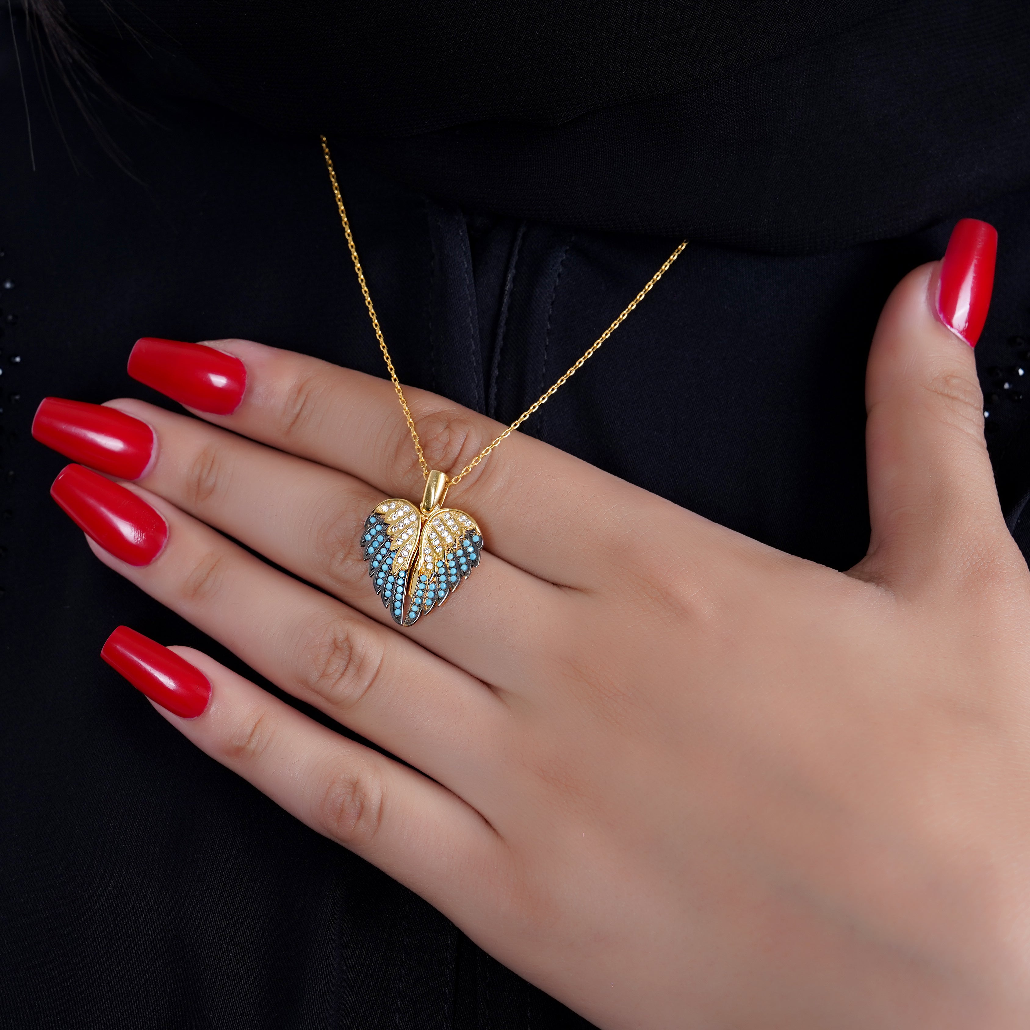 925 Silver Personalized Custom Angel Wings Name Necklace (Blue Stones) - Leona Jewelry