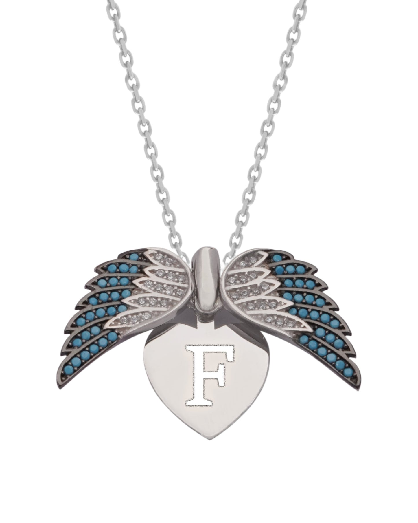 925 Silver Personalized Custom Angel Wings Name Necklace (Blue Stones)