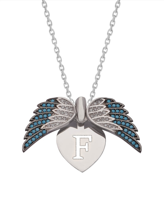 925 Silver Personalized Custom Angel Wings Name Necklace (Blue Stones)