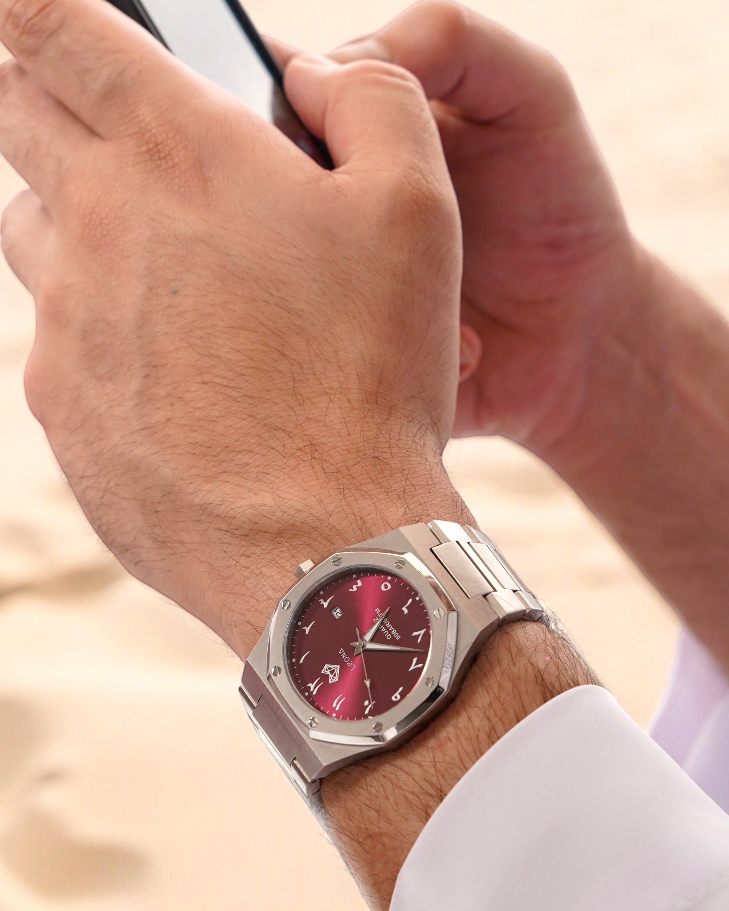 Royal Men's Watch Red – 40mm Arabic Dial, Full Steel, Japanese Quartz ,Waterproof, Ultra Thin - Leona Jewelry