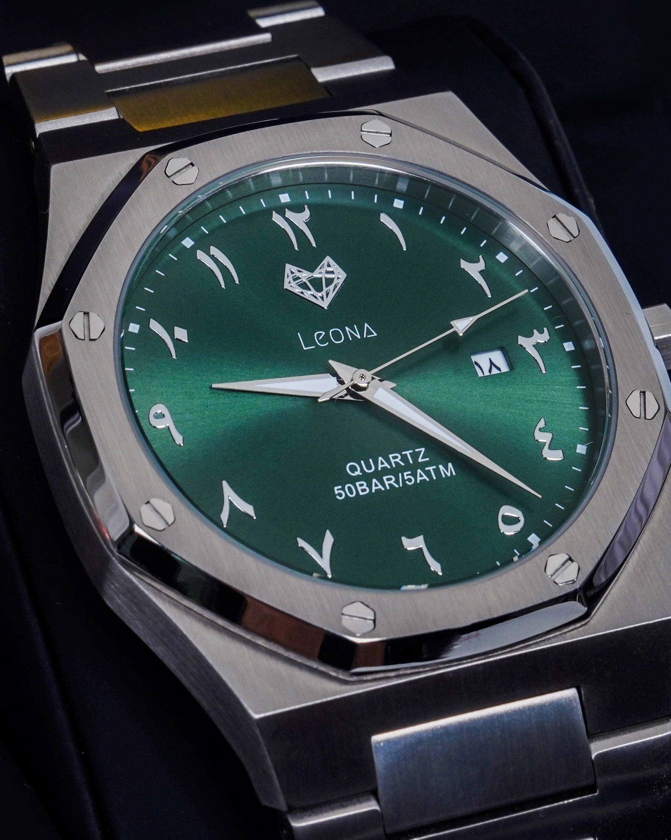 Royal Men's Watch Green – 40mm Arabic Dial, Full Steel, Japanese Quartz ,Waterproof, Ultra Thin - Leona Jewelry