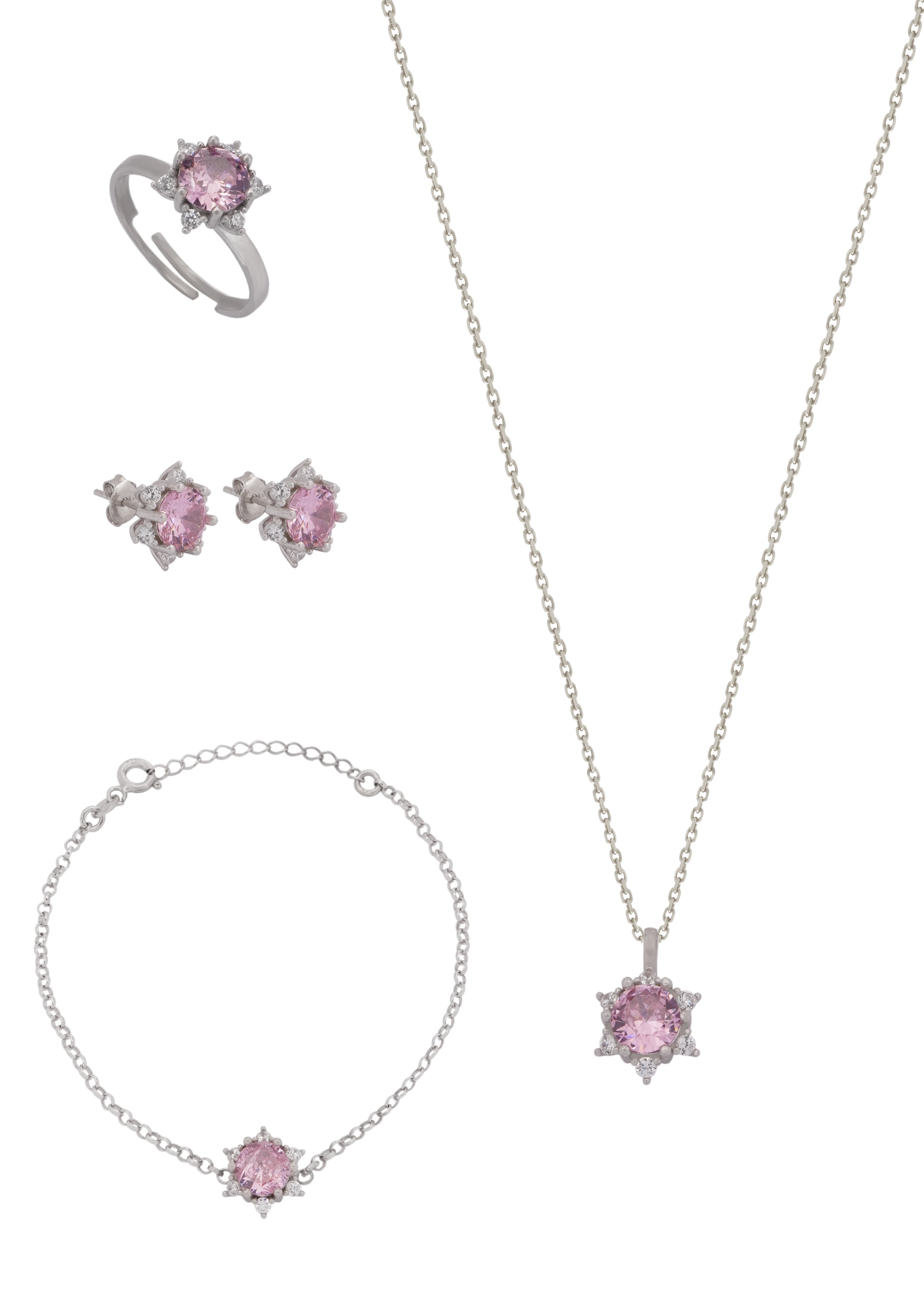 925 Silver Pink Star Jewelry Set (Silver) - Leona Jewelry