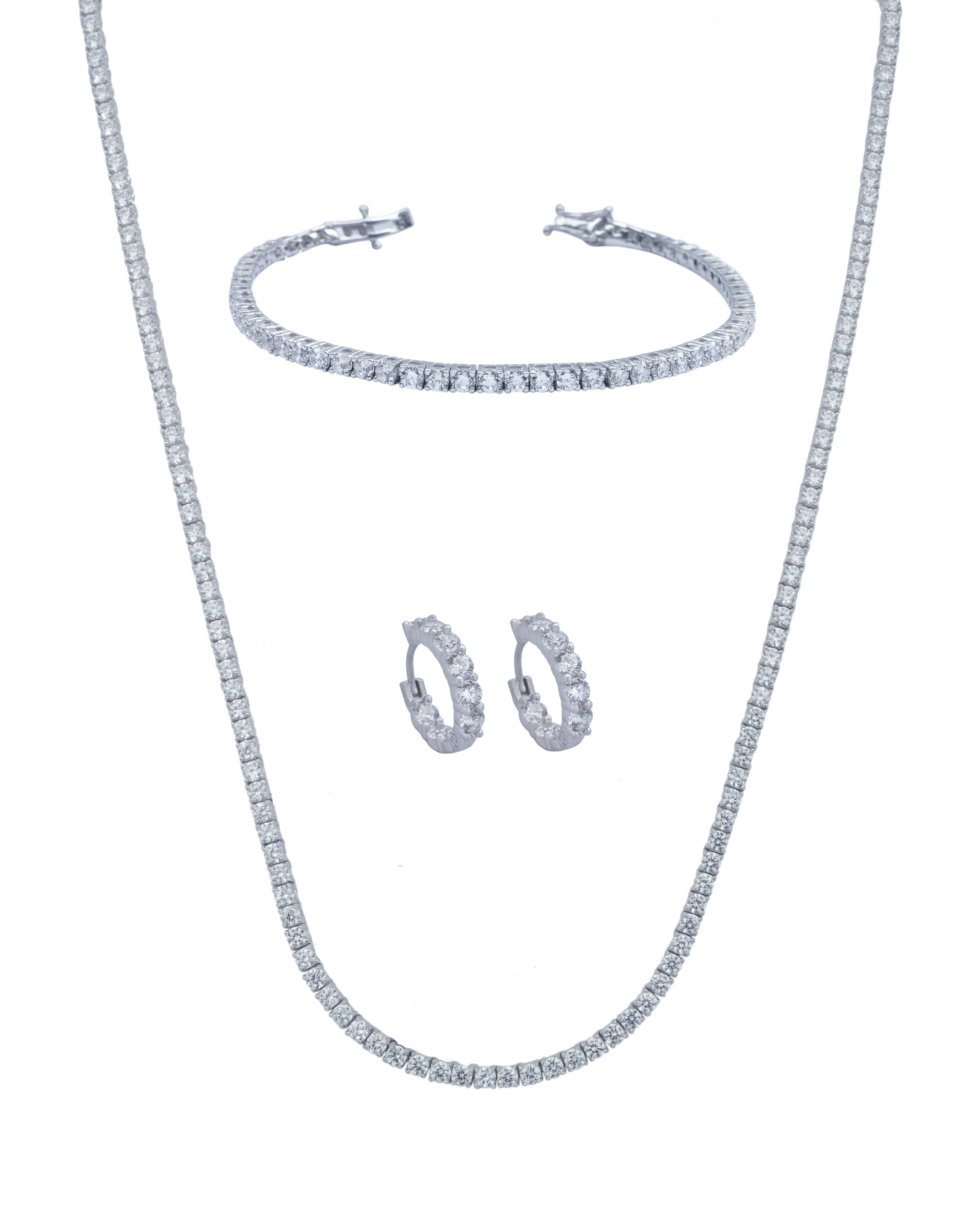 925 Silver Tennis Jewelry Set Three Pieces (Silver) - Leona Jewelry