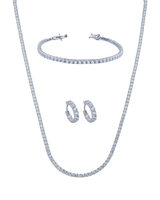 925 Silver Tennis Jewelry Set Three Pieces (Silver)