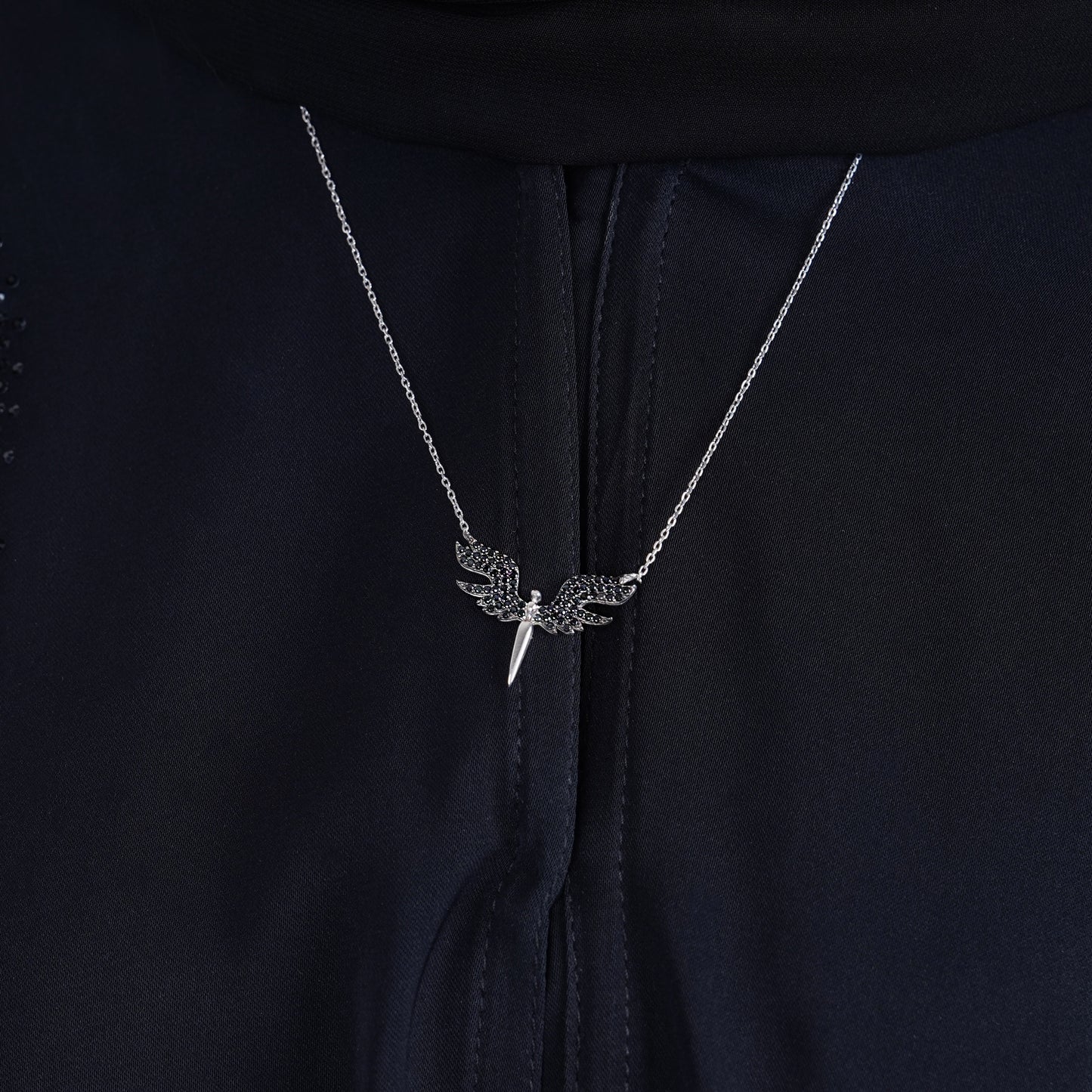 925 Silver Angel Wings Necklace (Black)