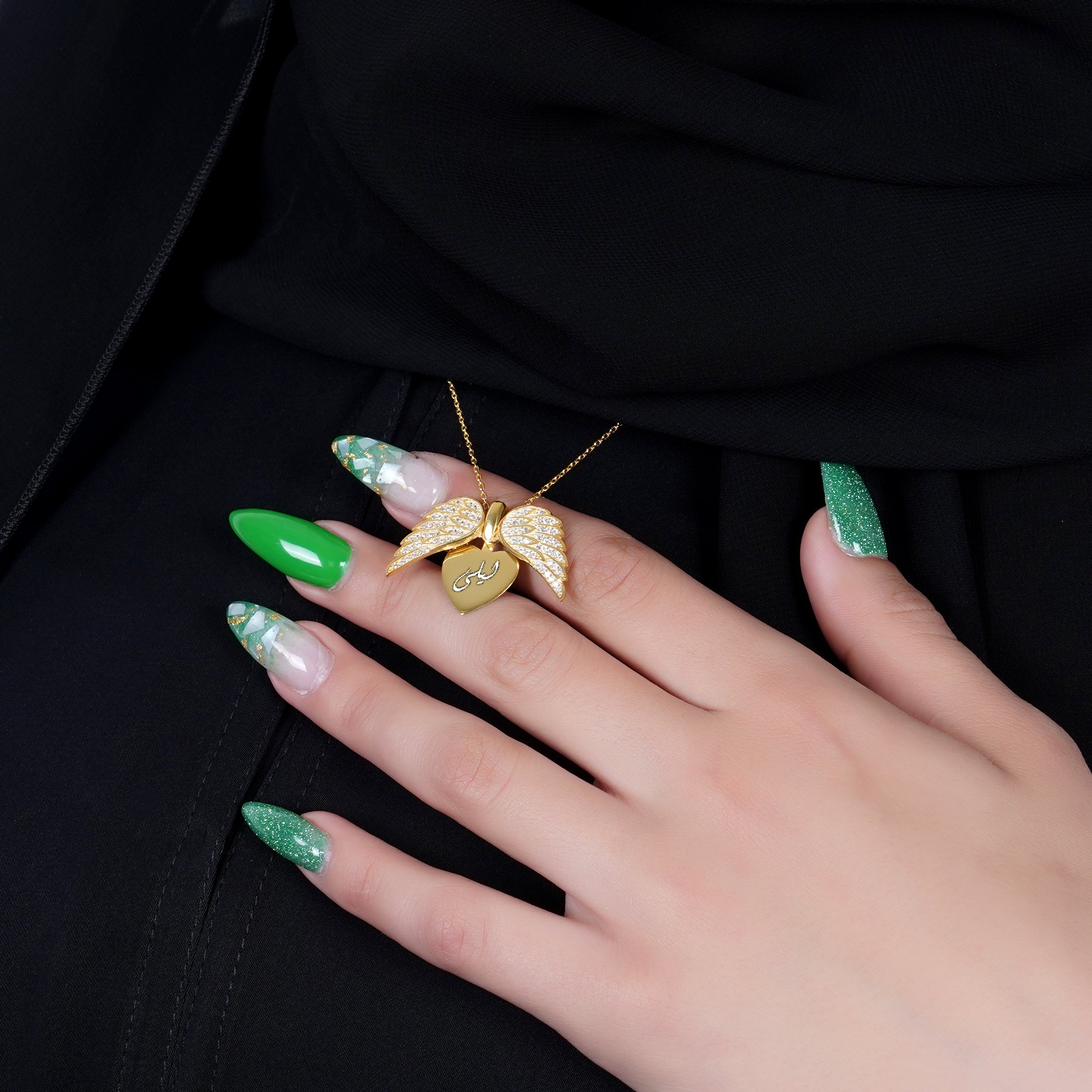 18K Pure Gold Personalized Custom Angel Wings Name Necklace (White Stones) - Leona Jewelry