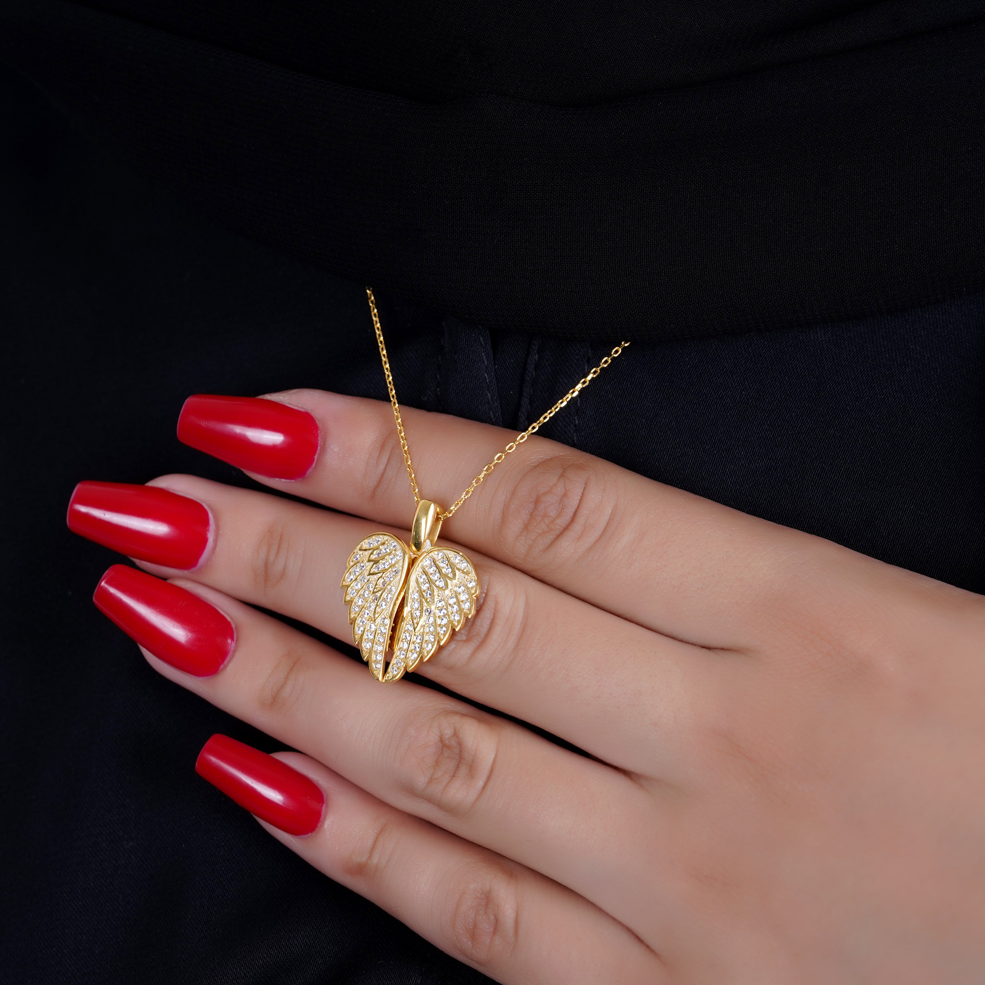 18K Pure Gold Personalized Custom Angel Wings Name Necklace (White Stones) - Leona Jewelry