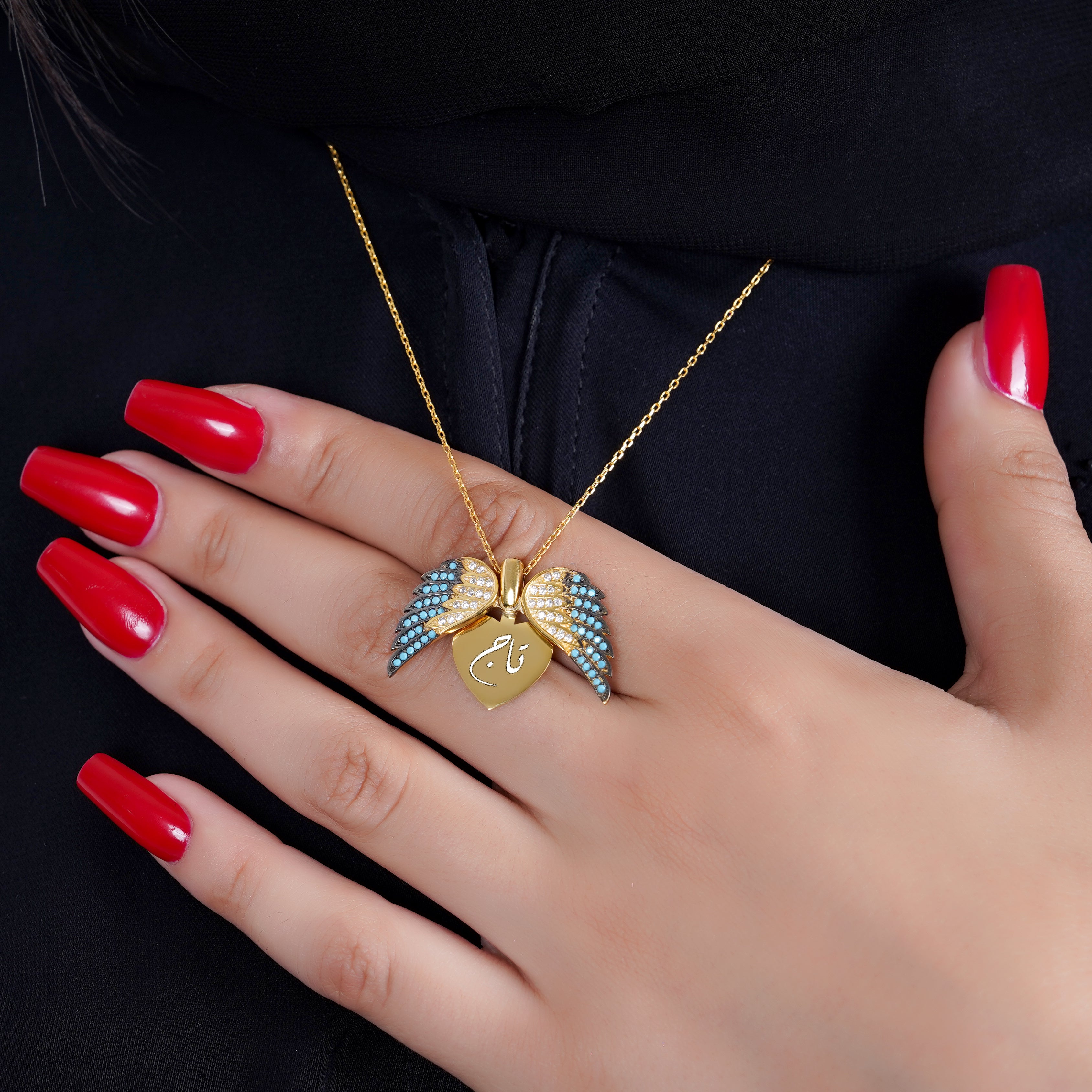 925 Silver Personalized Custom Angel Wings Name Necklace (Blue Stones) - Leona Jewelry