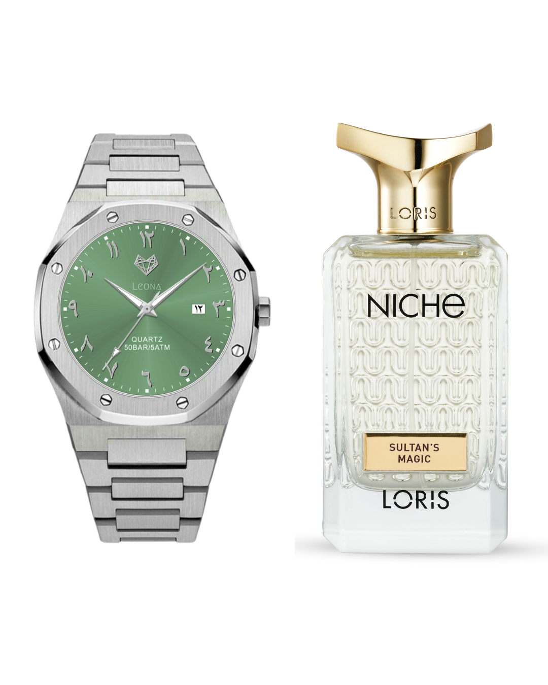 ساعة رويال رجالية أخضر + عطر سحر السلطان مسك فانيلا مستخلص العطر - مجموعة هدية