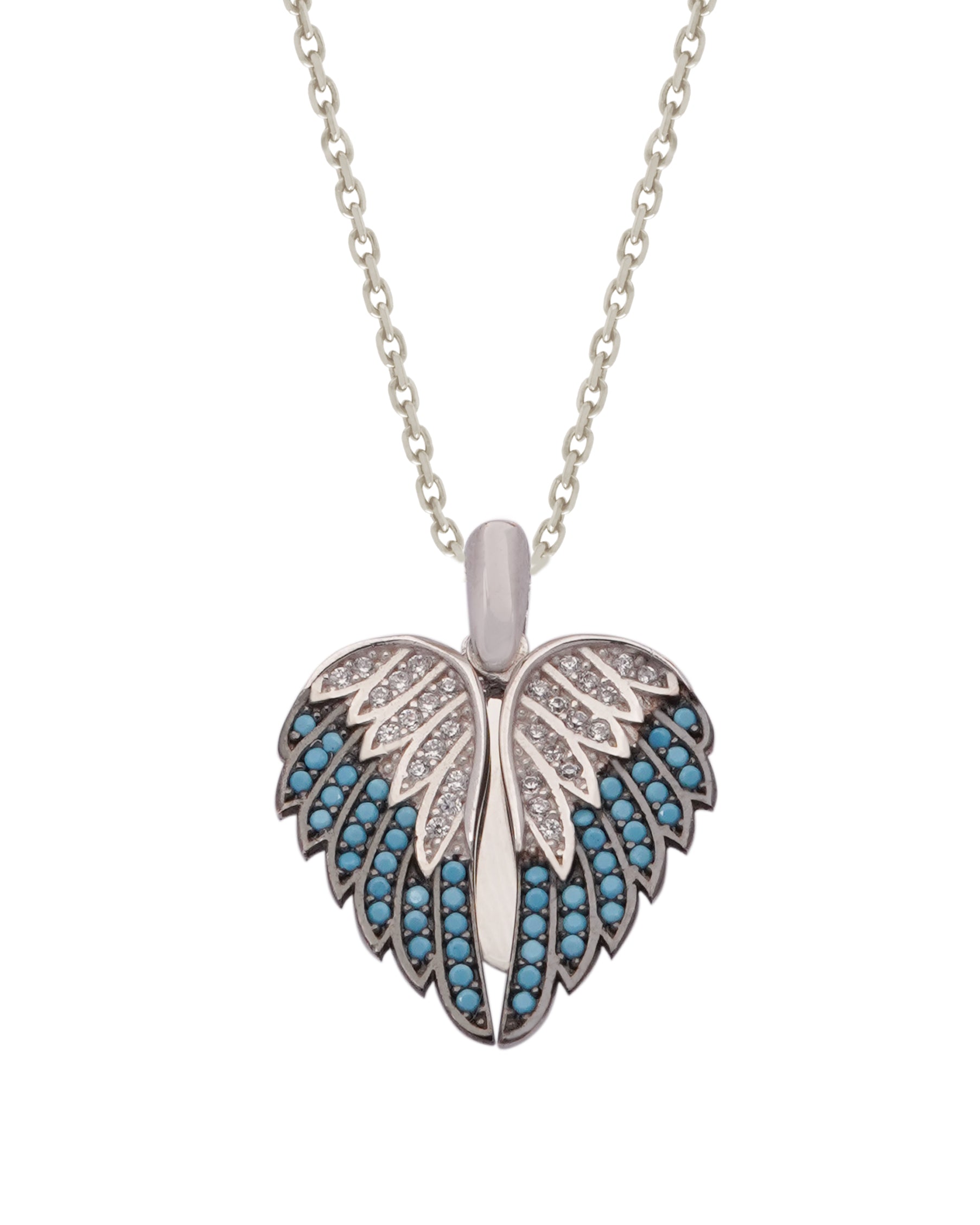 925 Silver Personalized Custom Angel Wings Name Necklace (Blue Stones) - Leona Jewelry