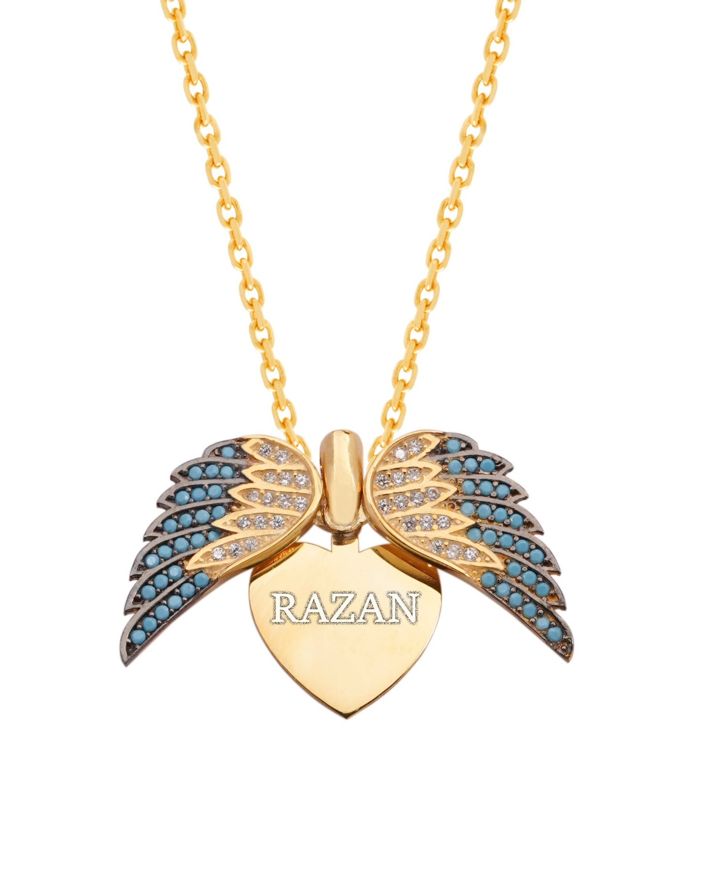 925 Silver Personalized Custom Angel Wings Name Necklace (Blue Stones)