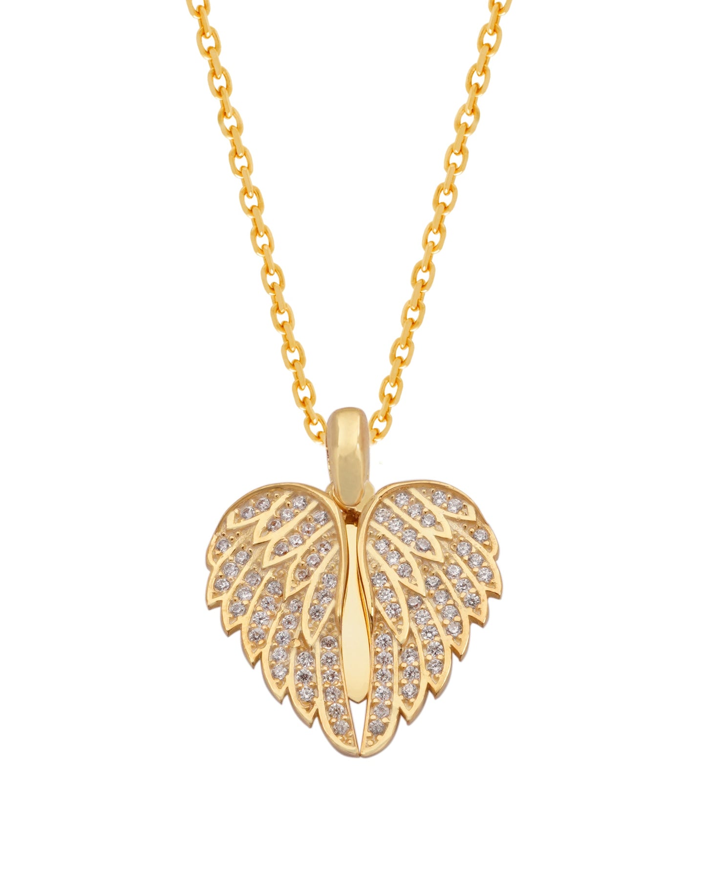 18K Pure Gold Personalized Custom Angel Wings Name Necklace (White Stones)