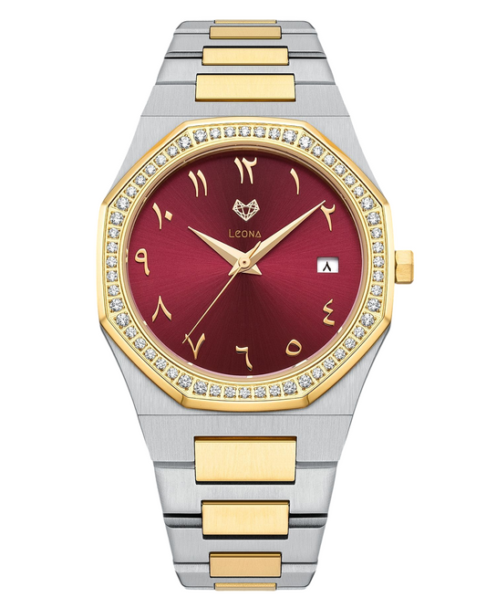 Marquise (Burgundy Red) – Full Steel, Japanese Movement, Waterproof, Gold Plated