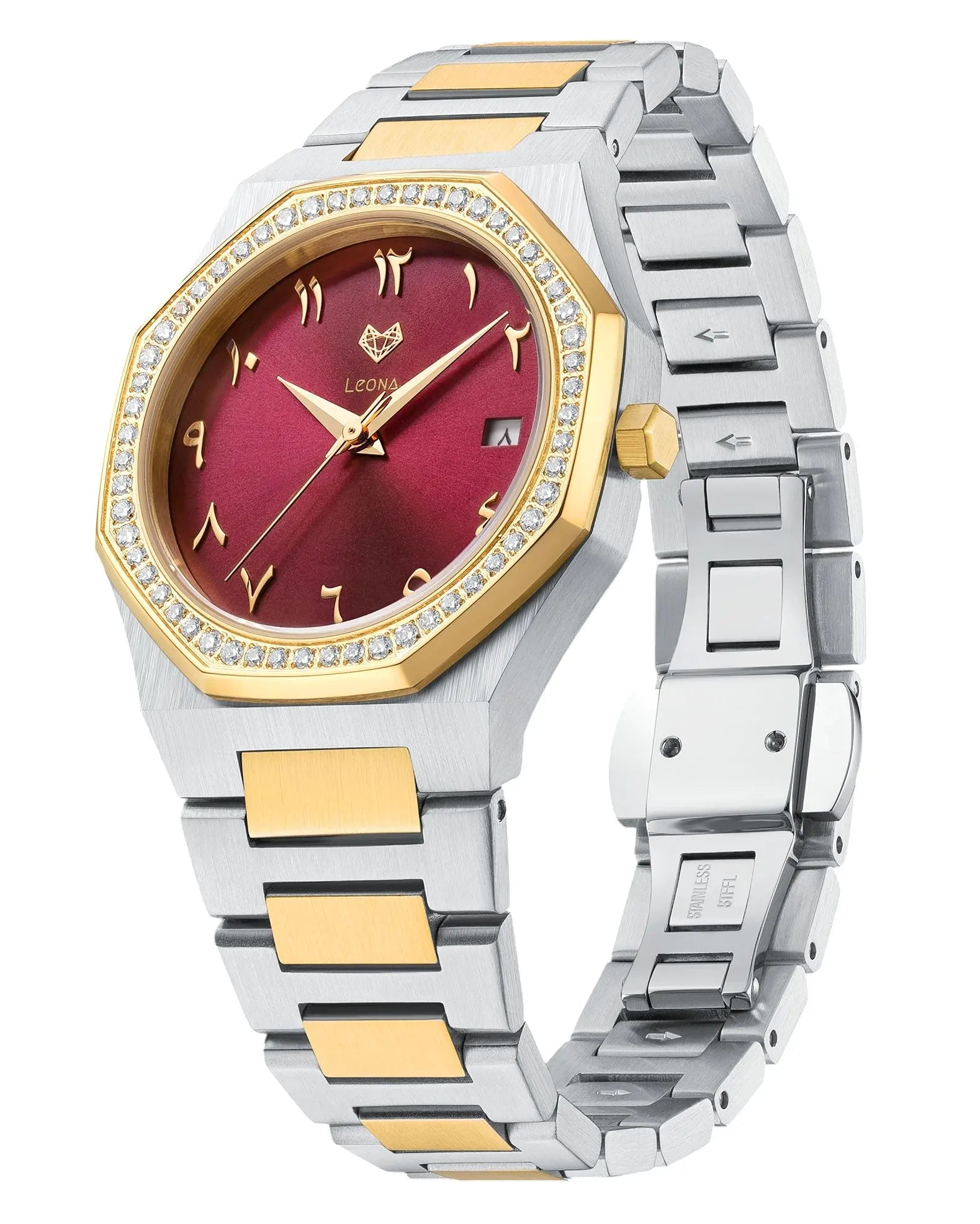 Luxury watch with arabic red face, gold accents, and two-tone band on a white background