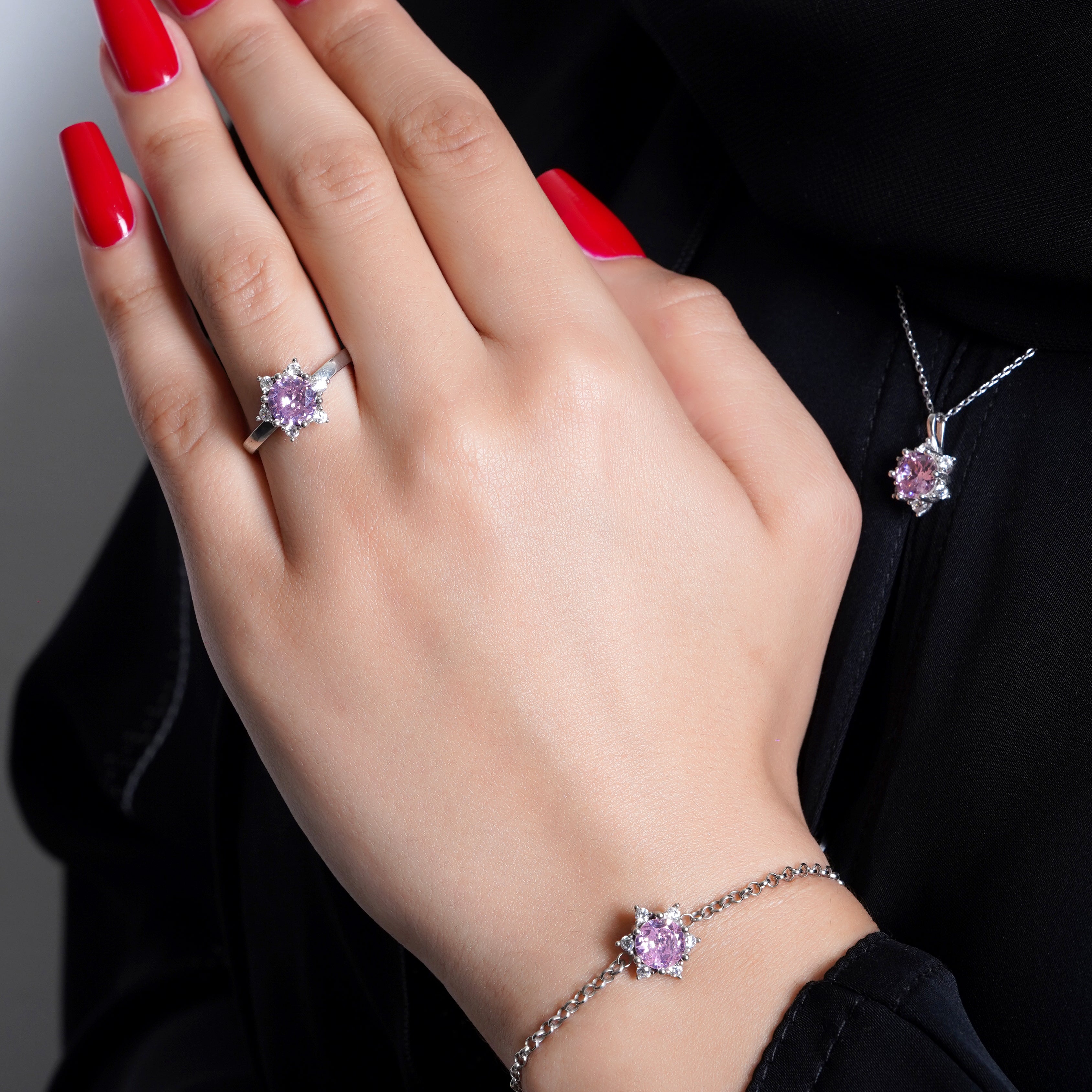 925 Silver Pink Star Jewelry Set (Silver) - Leona Jewelry