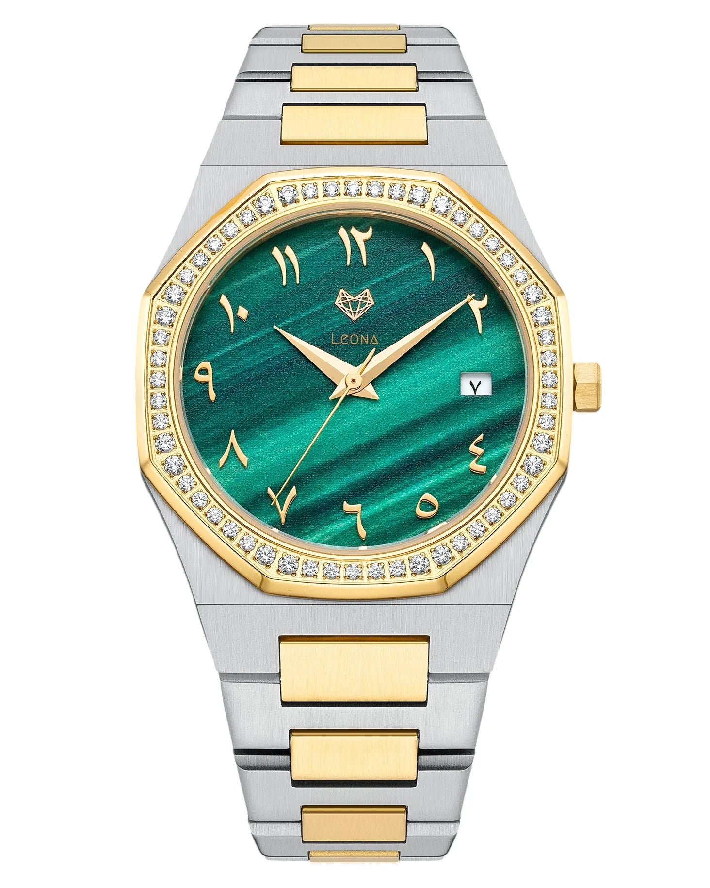 Luxury watch with green face, gold accents, and silver band on white background