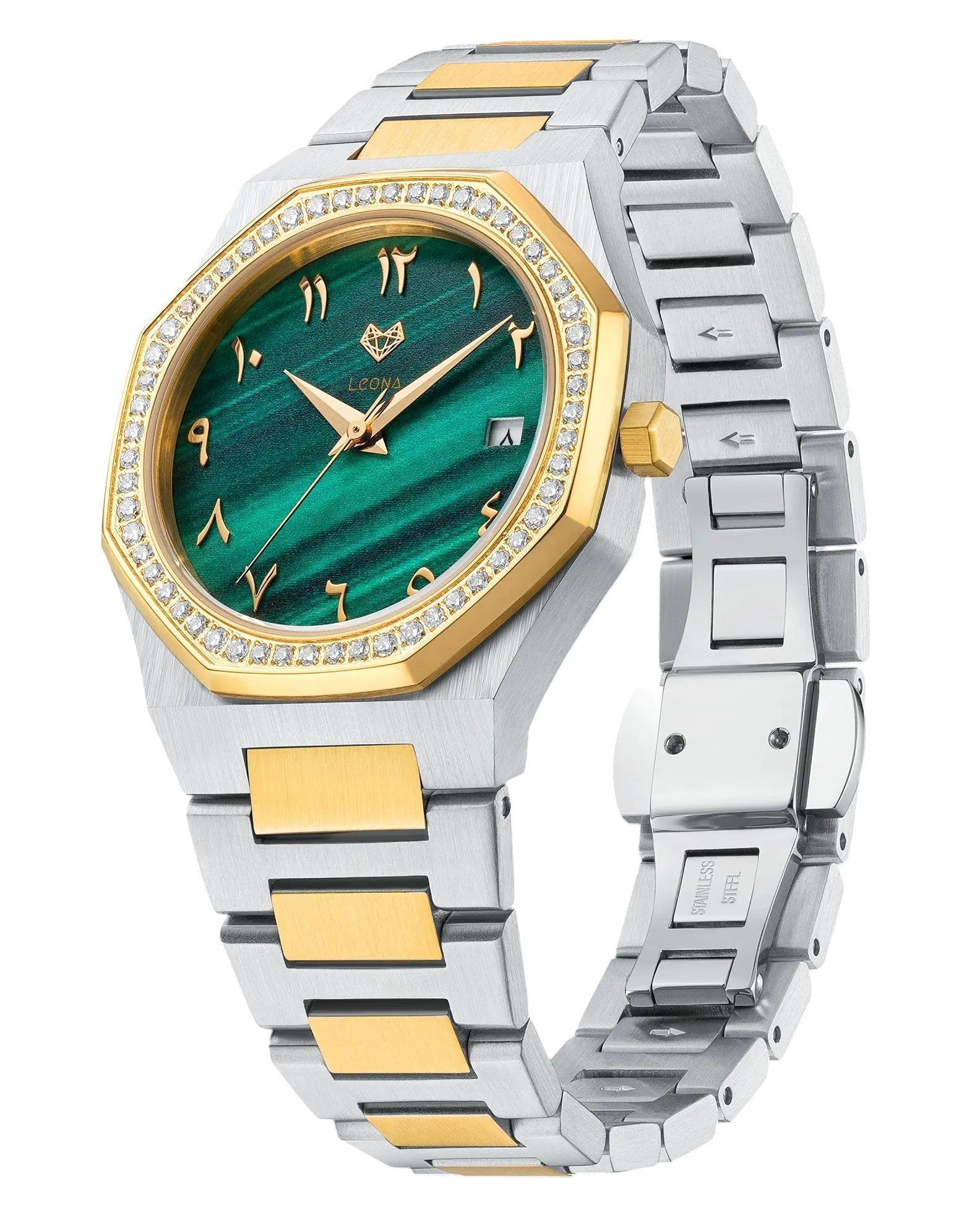 Luxury watch with green face, gold accents, and two-tone band on a white background