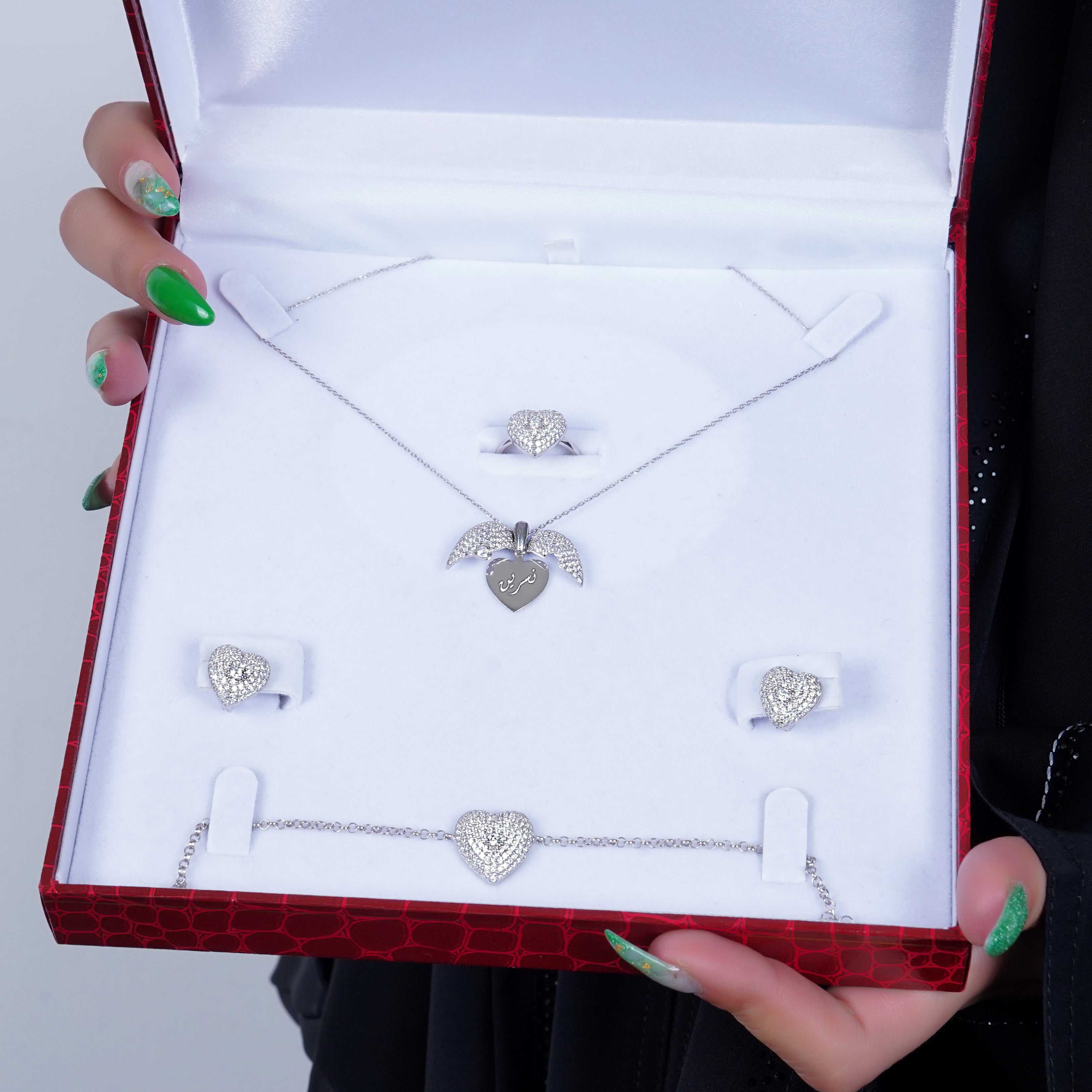 925 Silver Personalized Custom Love Heart Jewelry Set (Silver) - Leona Jewelry