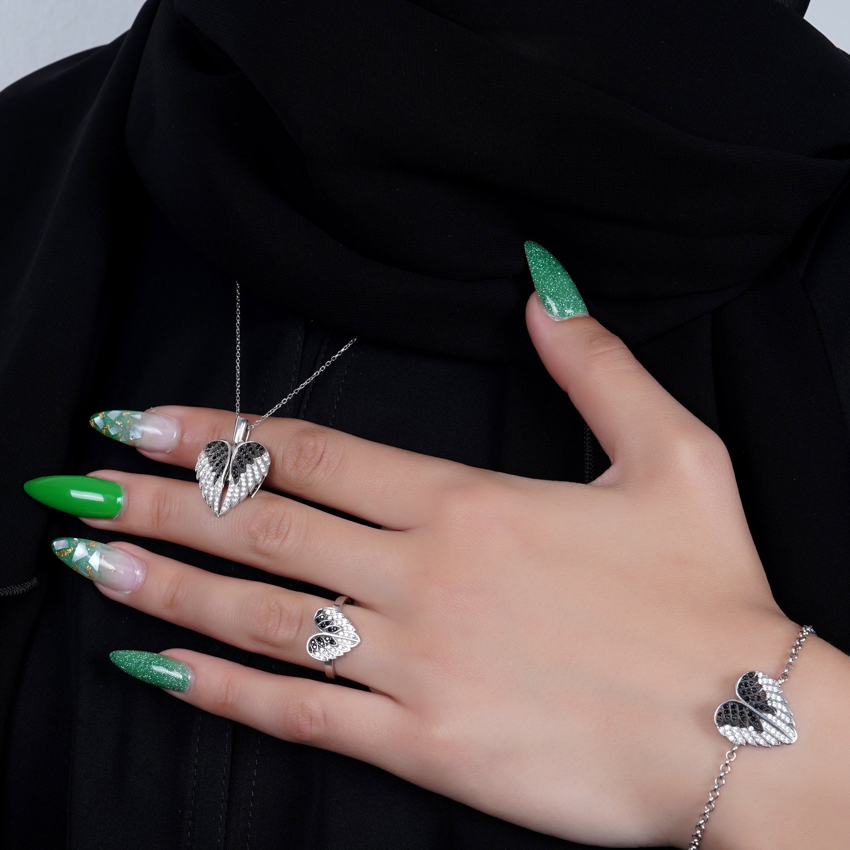 925 Silver Personalized Custom Love Angel Wings Jewelry Set (Silver) - Leona Jewelry