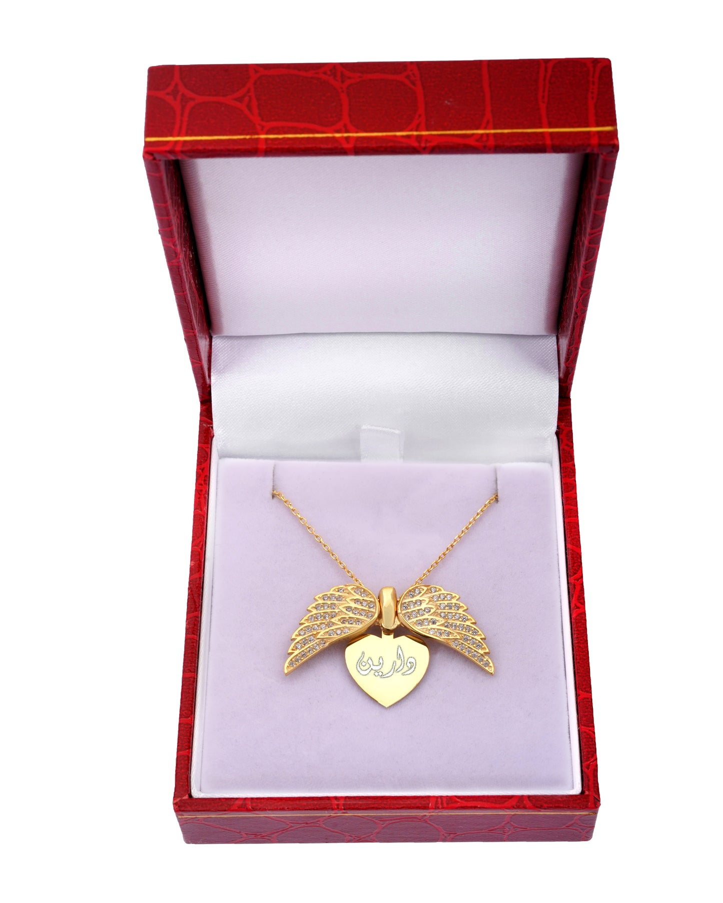 18K Pure Gold Personalized Custom Angel Wings Name Necklace (White Stones)