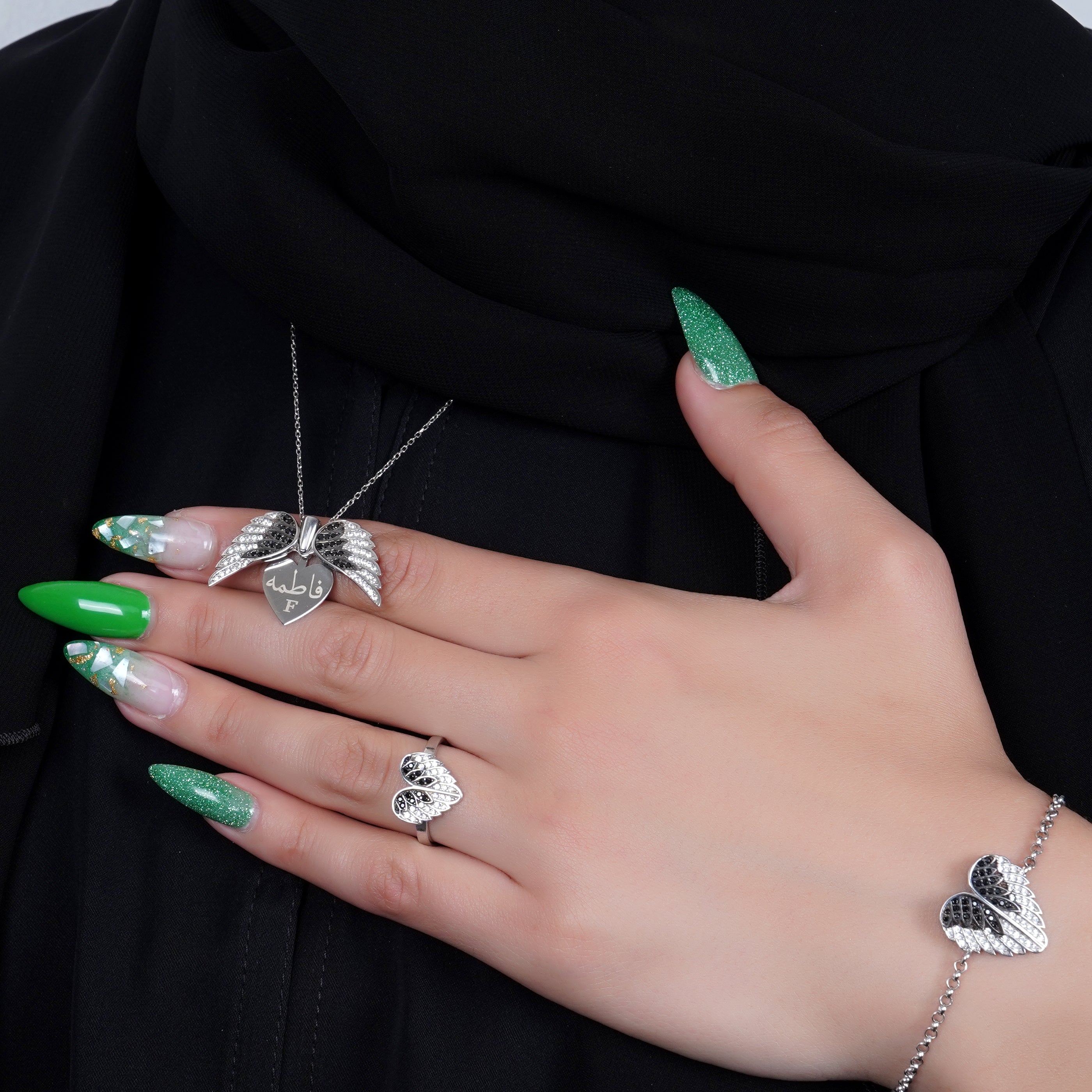 925 Silver Personalized Custom Love Angel Wings Jewelry Set (Silver) - Leona Jewelry